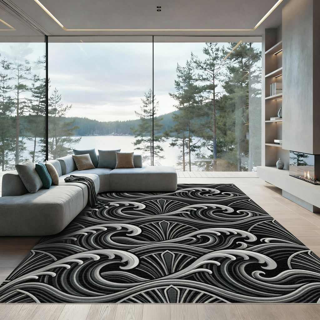 Monochrome Art Deco Wave Arch Rug