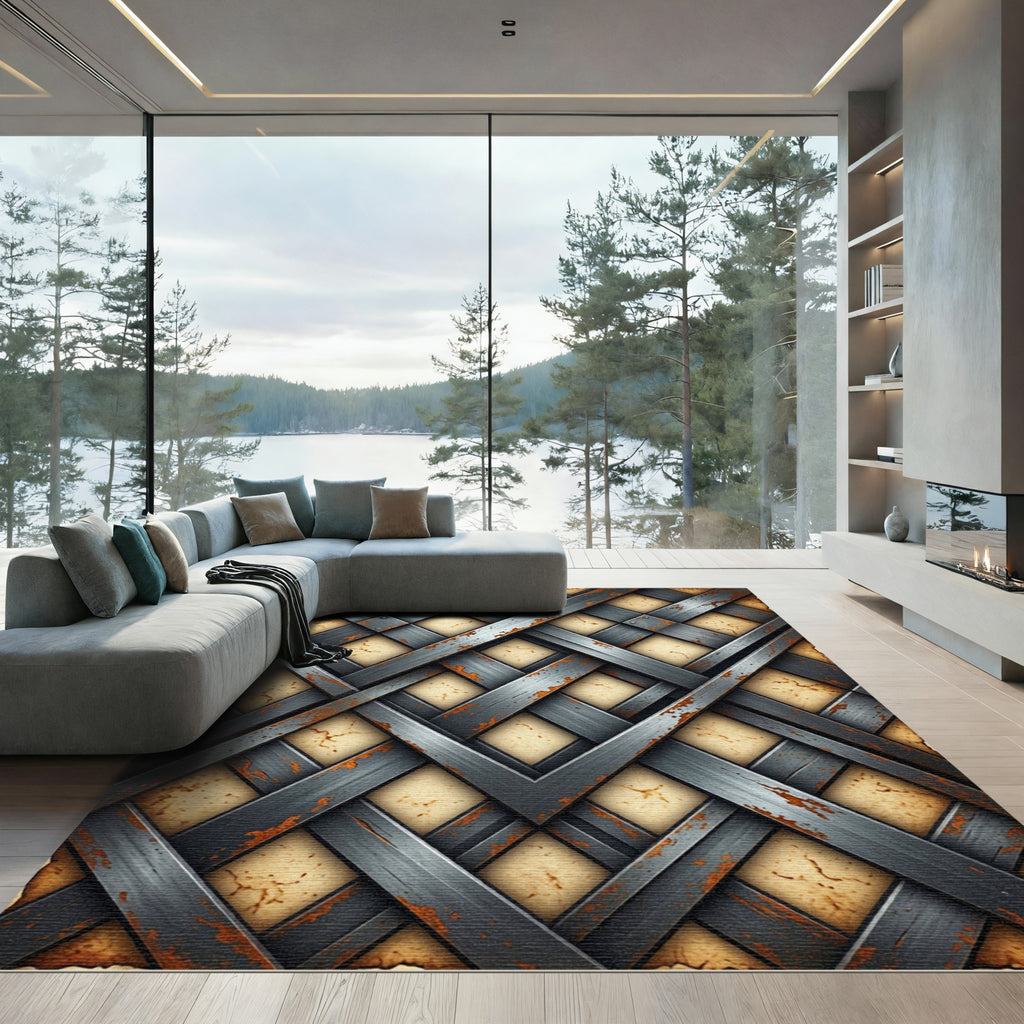 Industrial Gray Metal Lattice Grid Rug