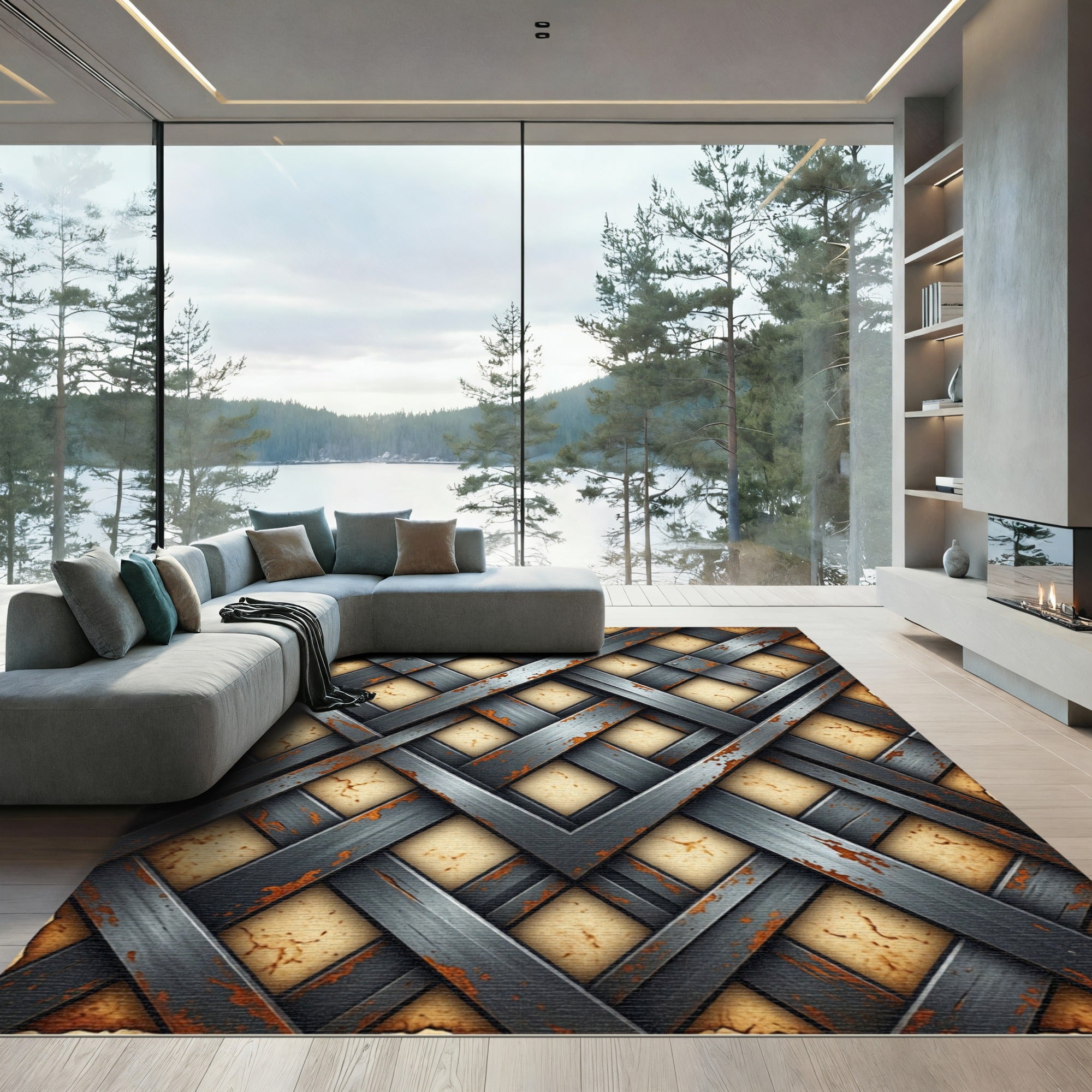 Industrial Gray Metal Lattice Grid Rug
