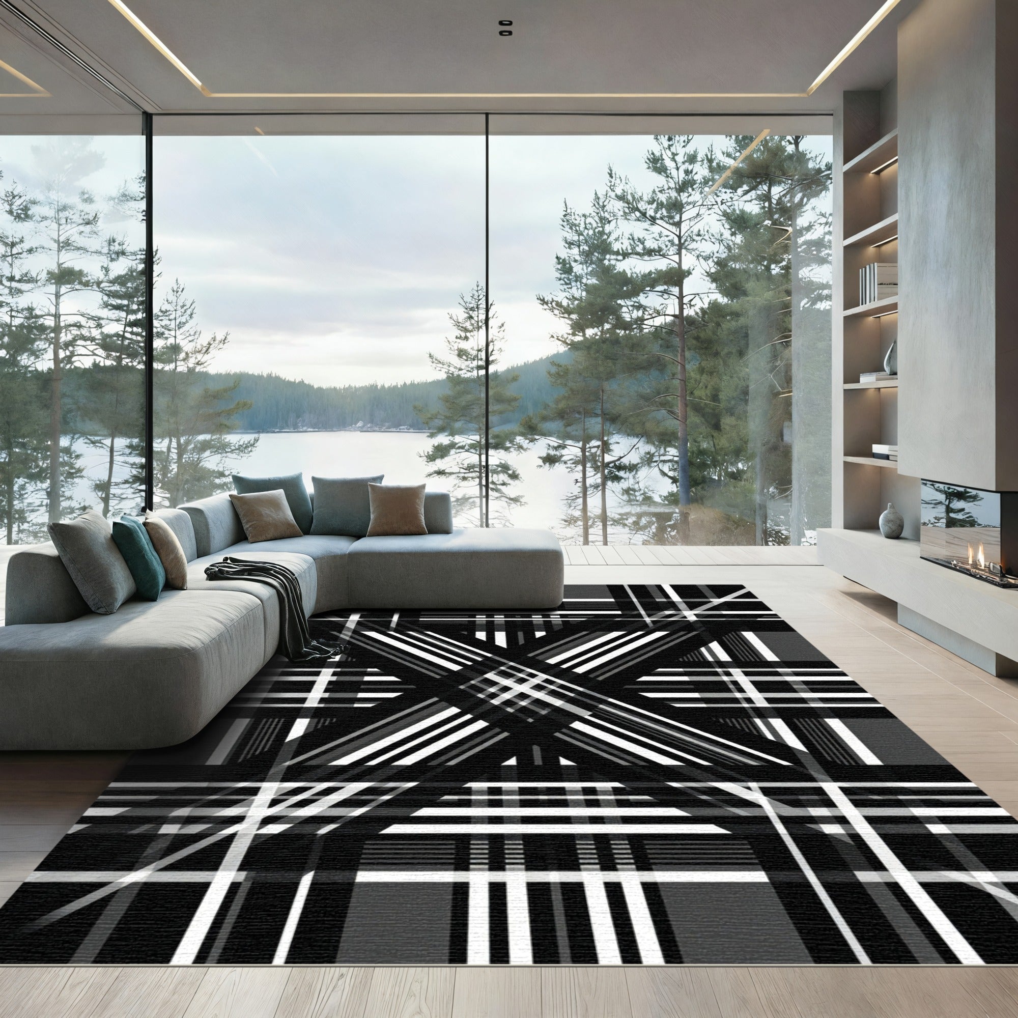 Monochromatic Abstract Plaid Overlay Rug