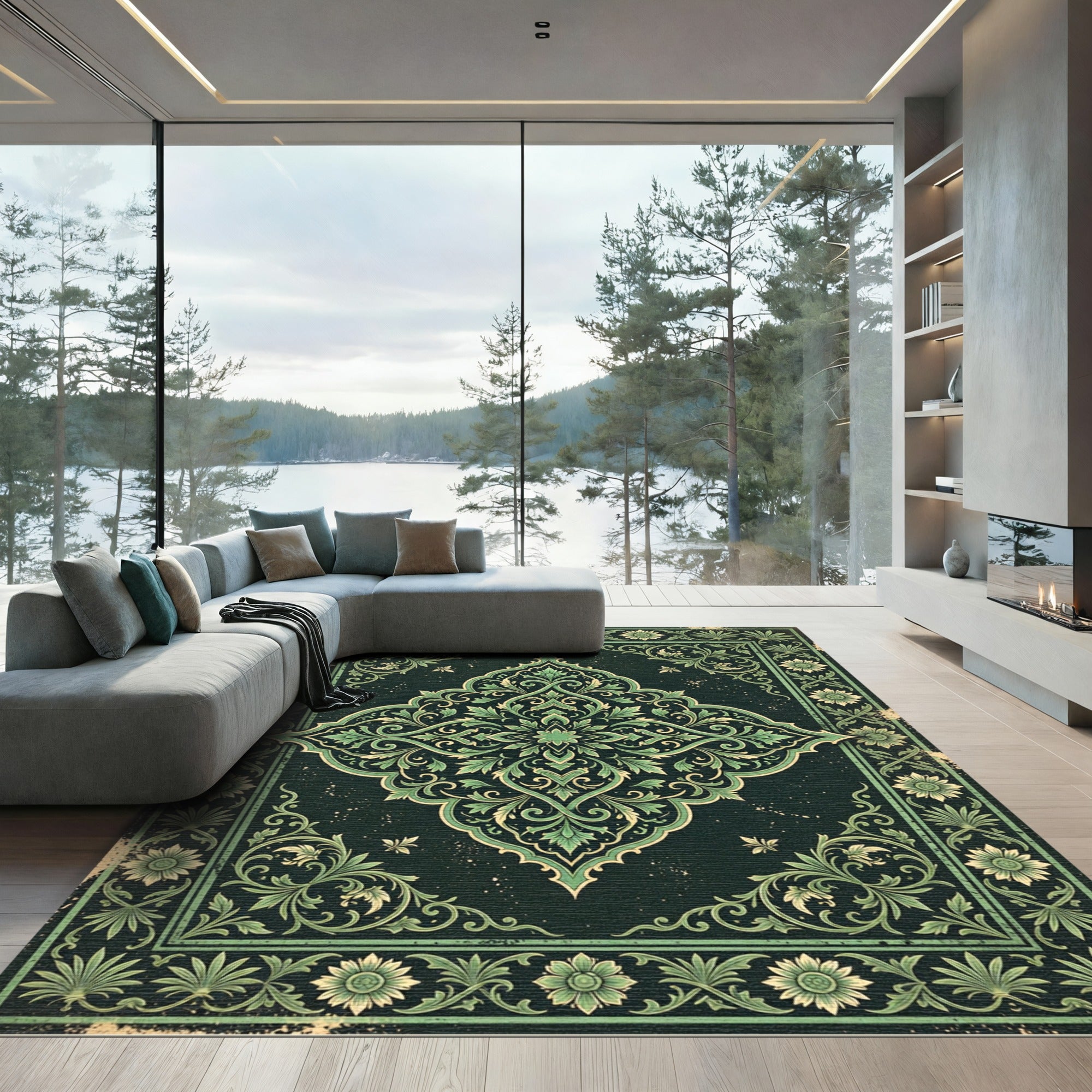 Emerald Verdant Ornamental Scroll Medallion Rug