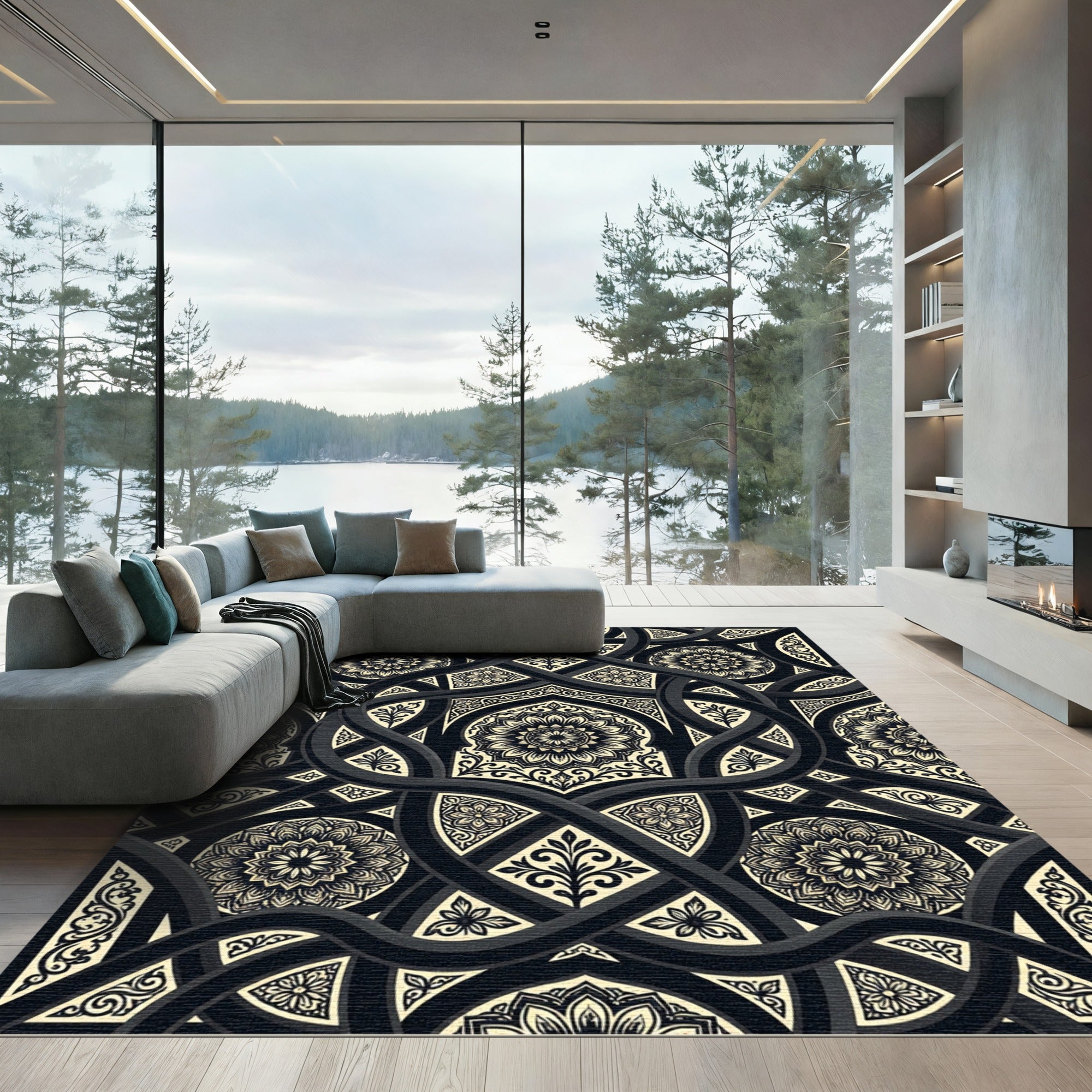 Monochromatic Floral Interlocking Scroll Weave Rug