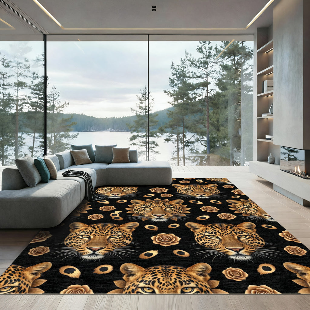 Golden Leopard Rose Floral Repeat Rug