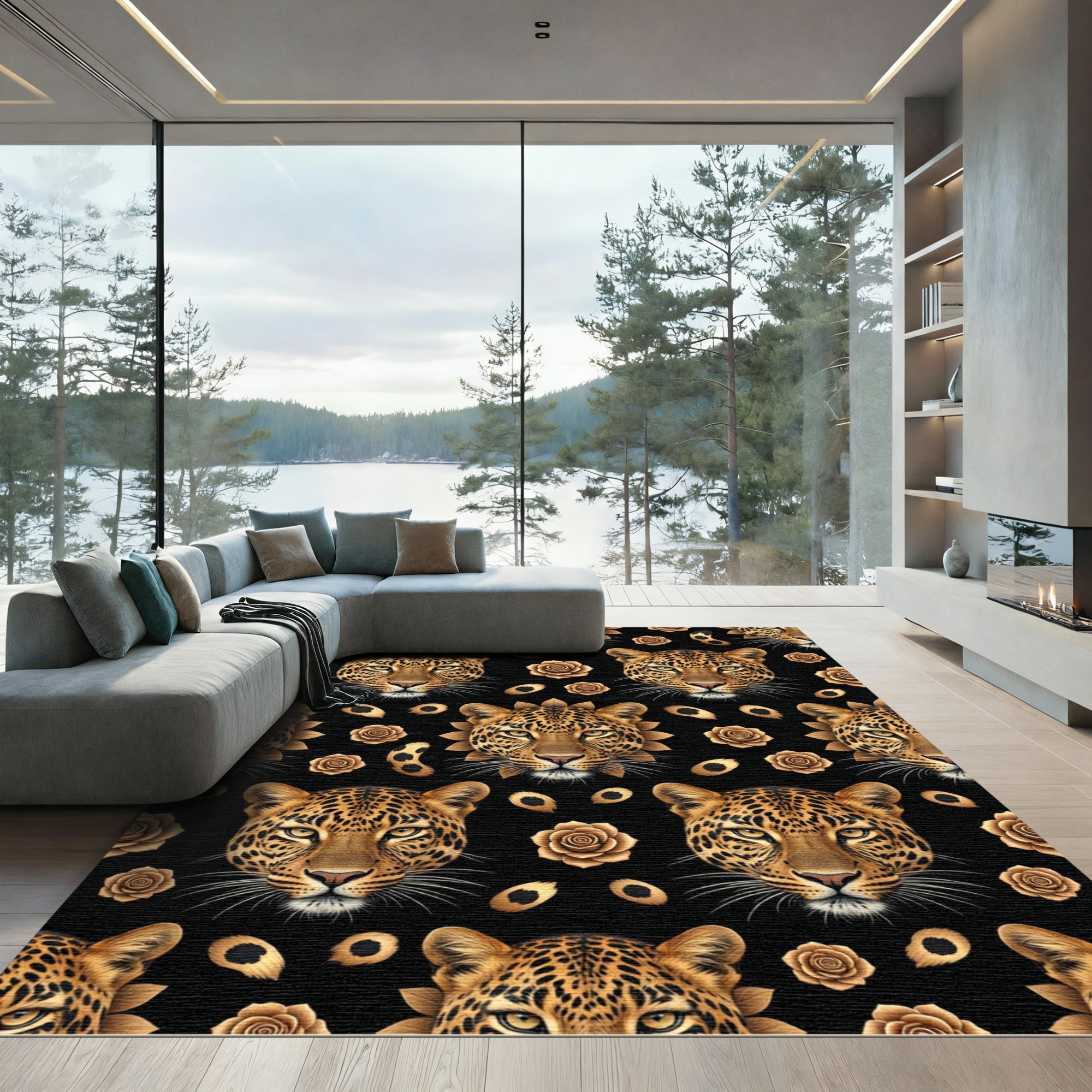 Golden Leopard Rose Floral Repeat Rug