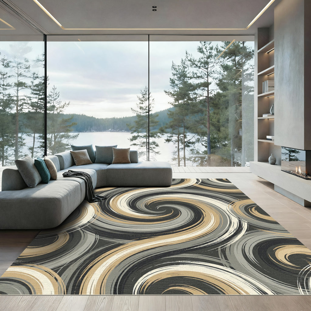 Modern Neutral Swirl Abstract Rug