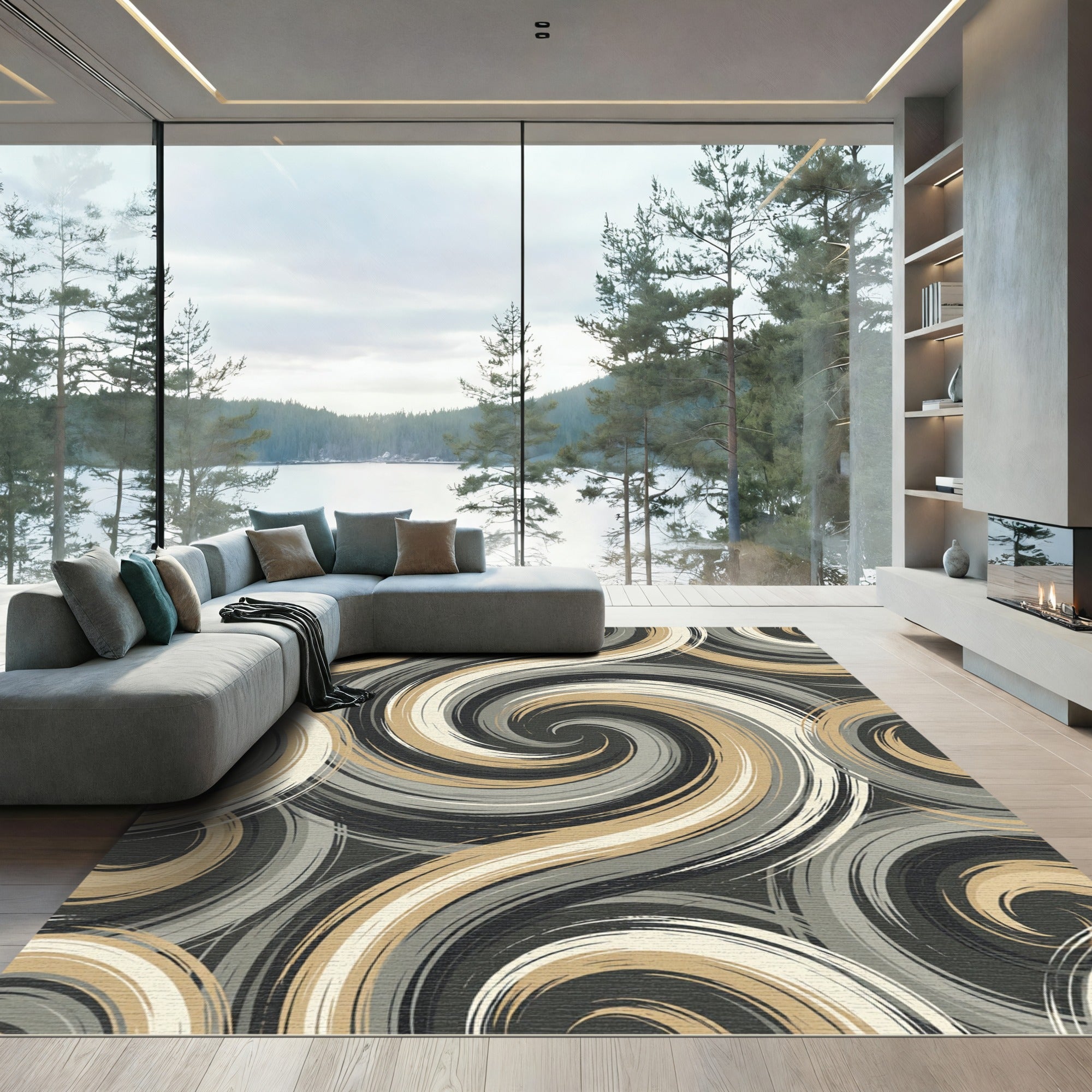 Modern Neutral Swirl Abstract Rug