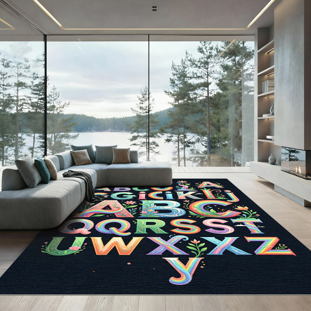 Whimsical Rainbow Garden Alphabet Art Rug