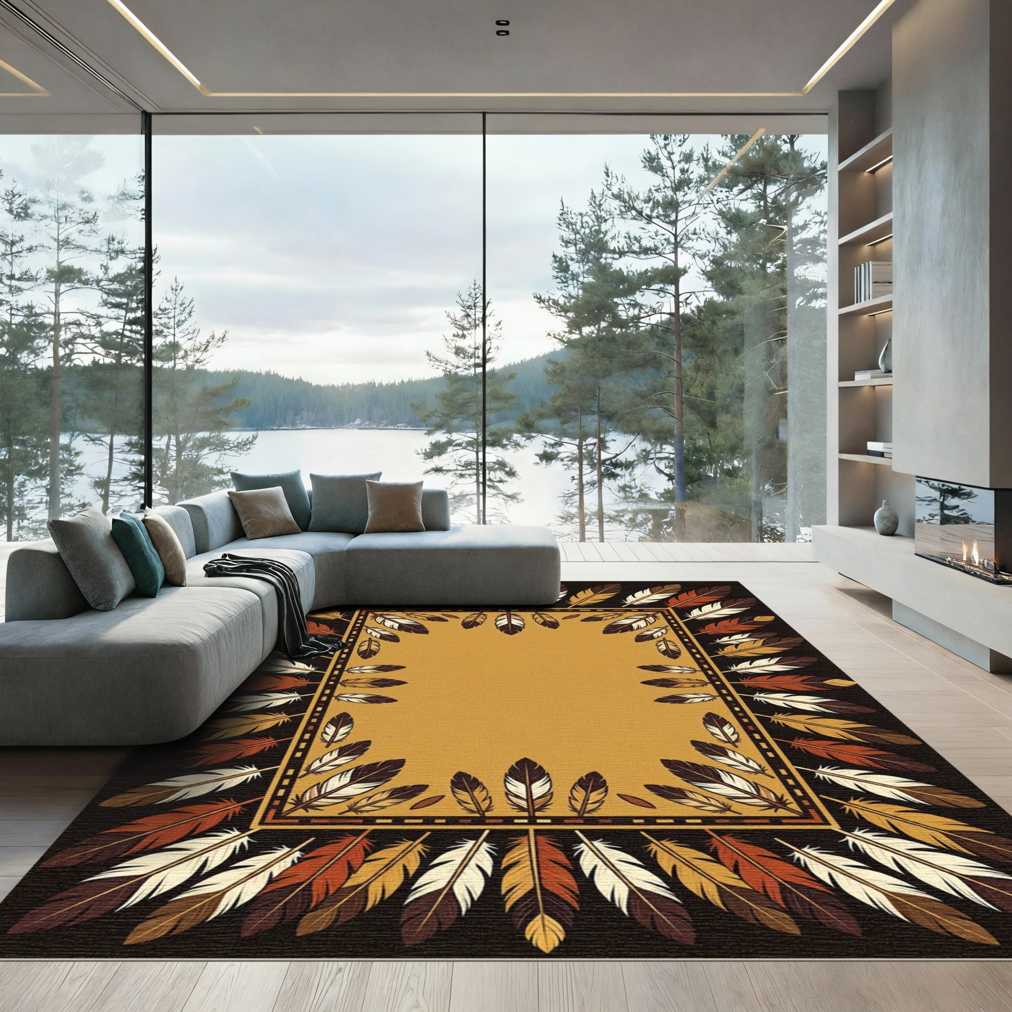 Earthy Feather Bordered Southwestern Area Rug