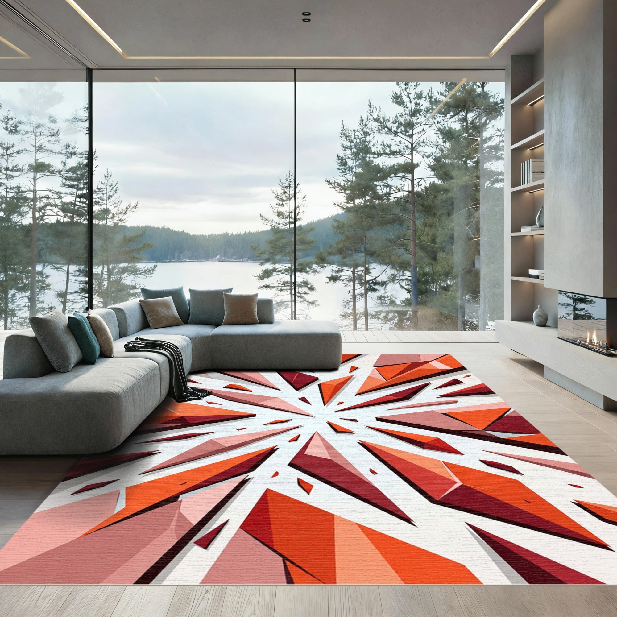 Vibrant Orange Geometric Abstract Explosion Rug