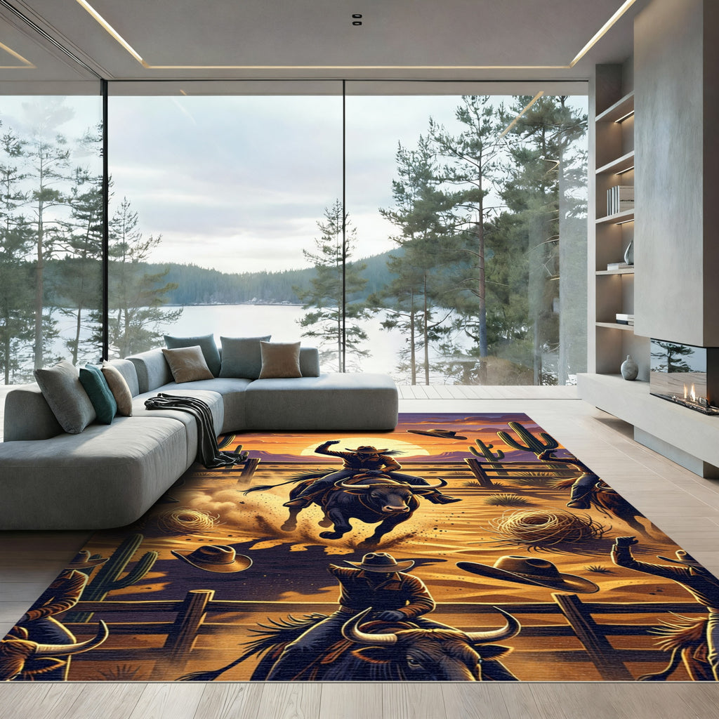 Western Sunset Cowboy Bull Riding Art Rug