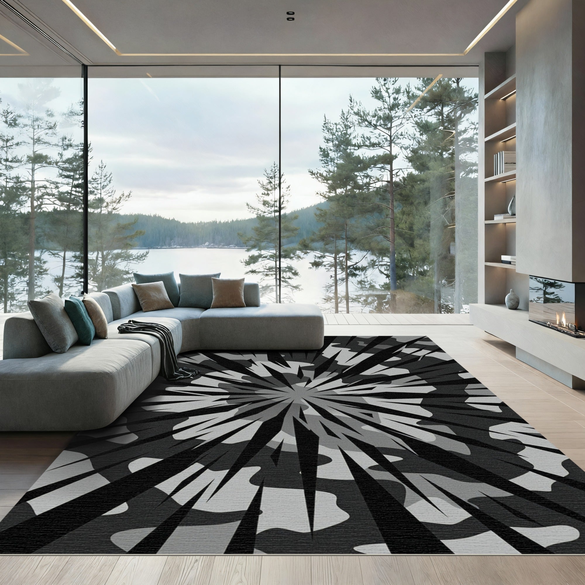 Monochrome Abstract Geometric Radial Burst Rug