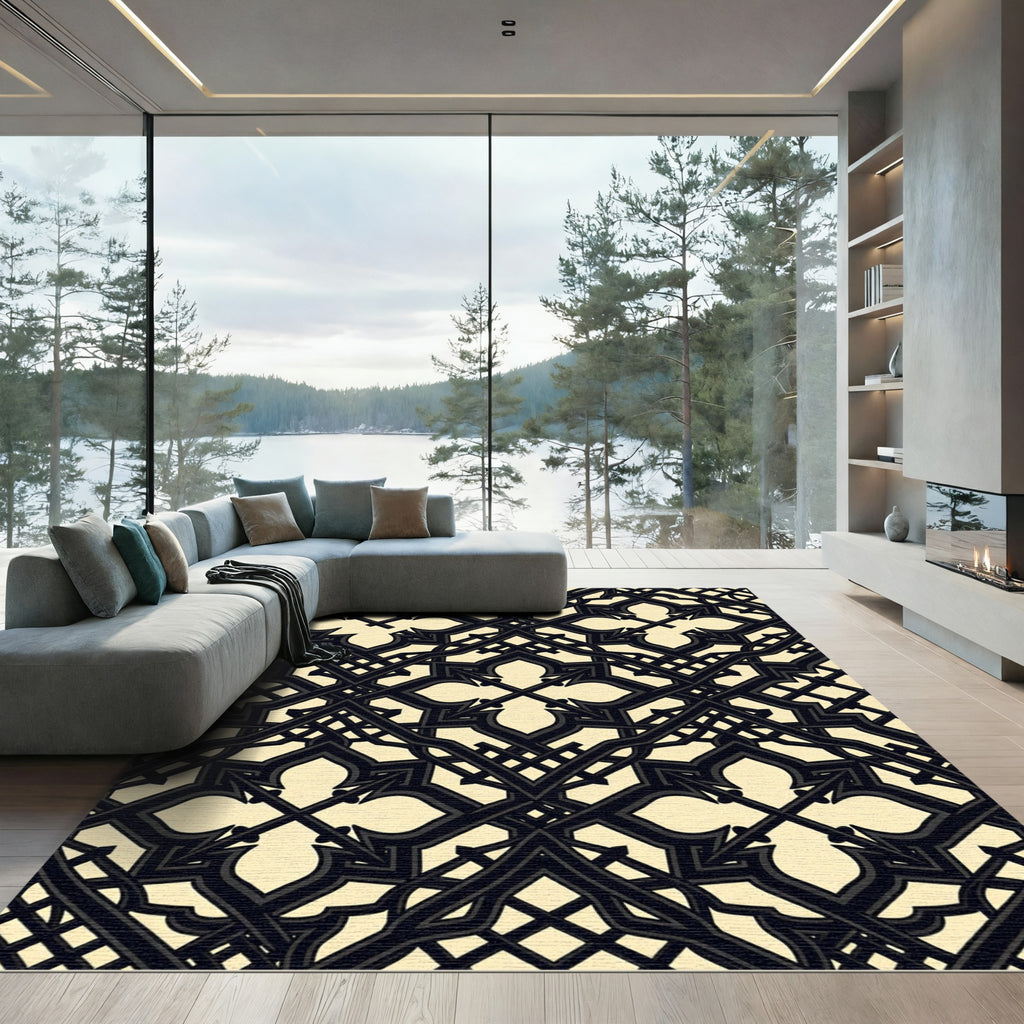 Elegant Black Cream Gothic Quatrefoil Rug