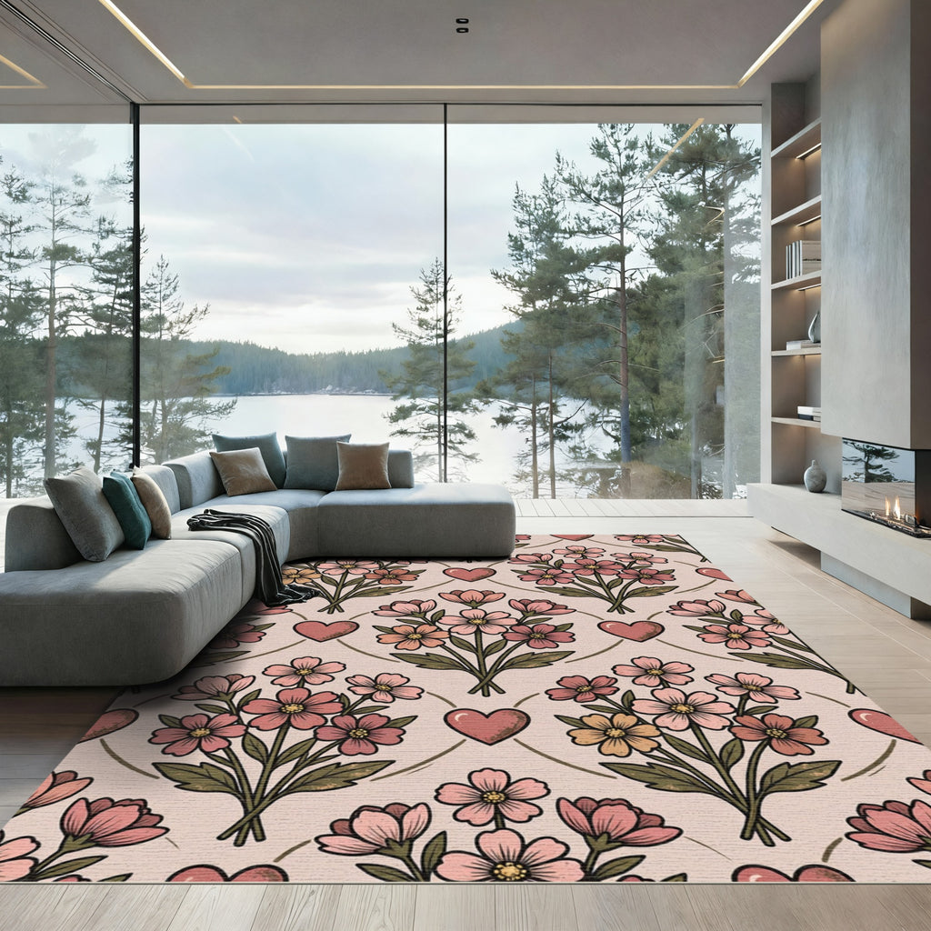 Pink Bouquet Hearts Floral Arrangement Rug