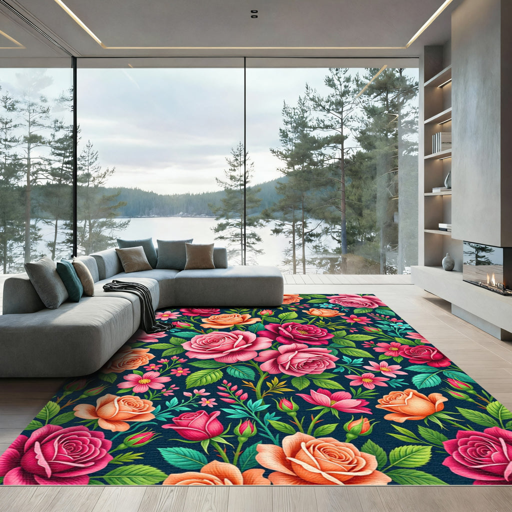 Vibrant Dark Floral Rose Garden Rug
