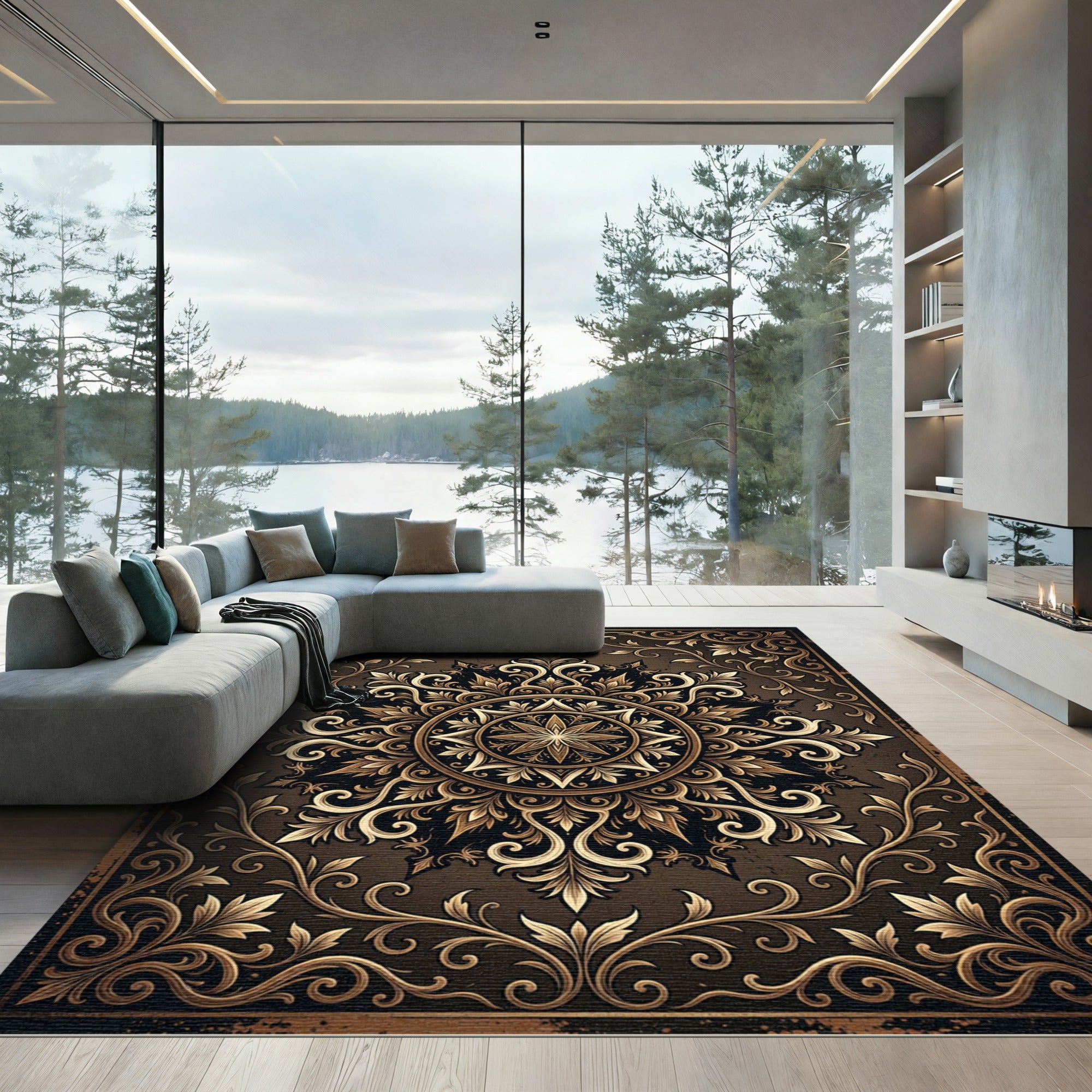 Ornate Bronze Gold Filigree Medallion Rug