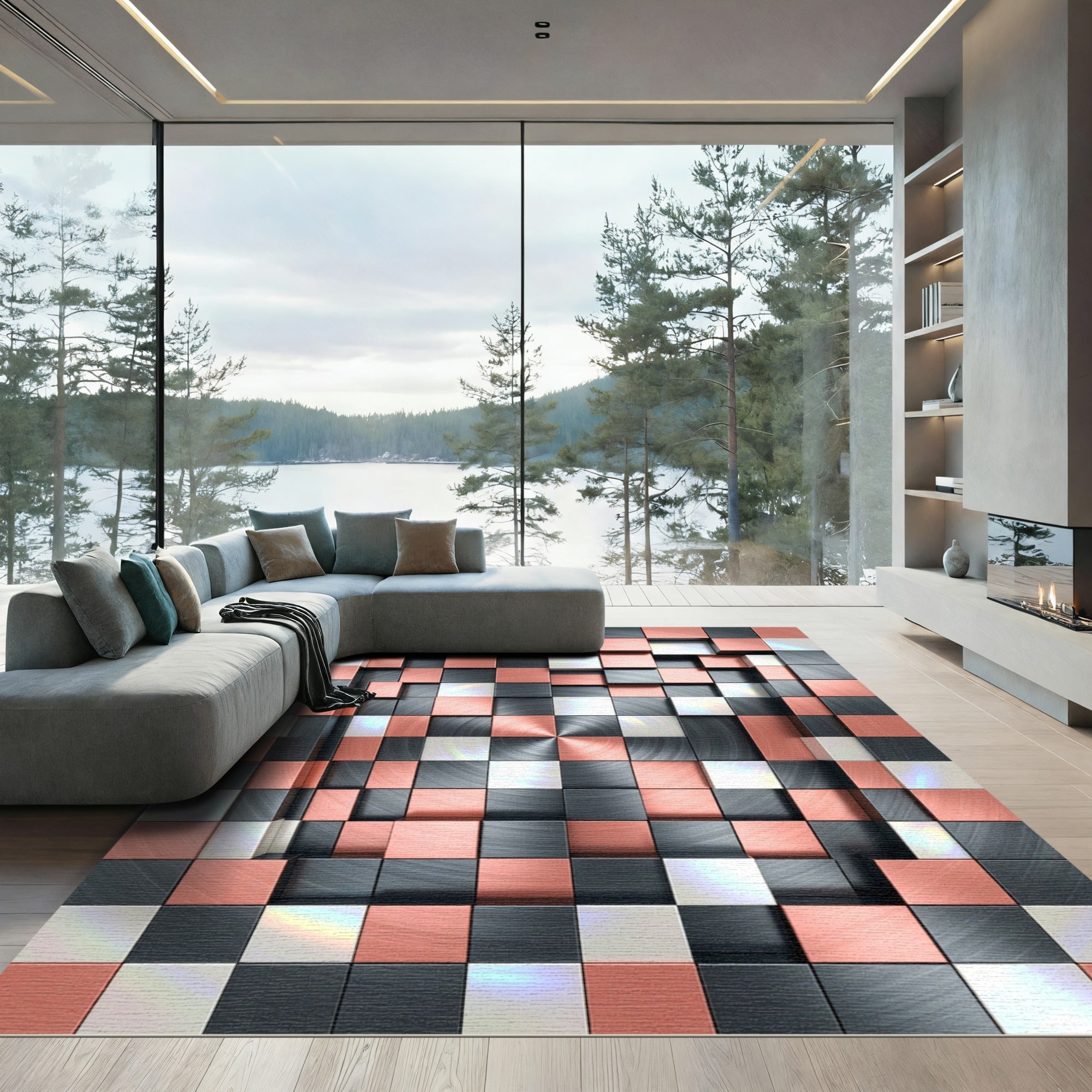 Metallic Copper and Black Geometric Grid Rug