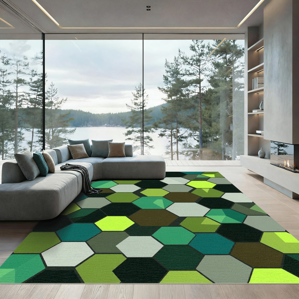 Emerald Green Hexagonal 3D Geometry Rug