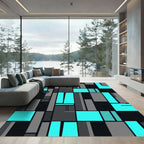 Modern Cyan and Black Geometric Block Rug