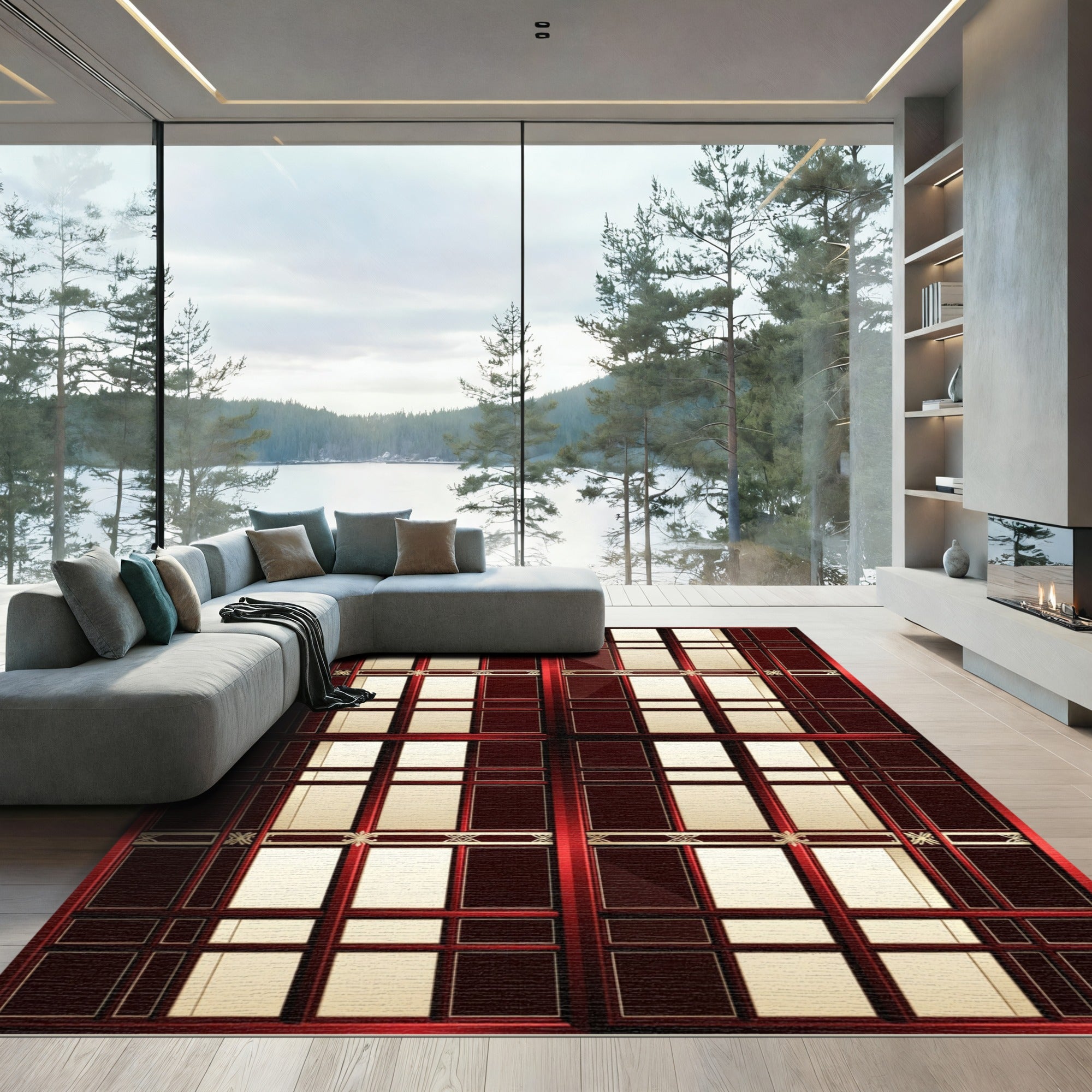 Rich Red and Gold Geometric Lattice Rug
