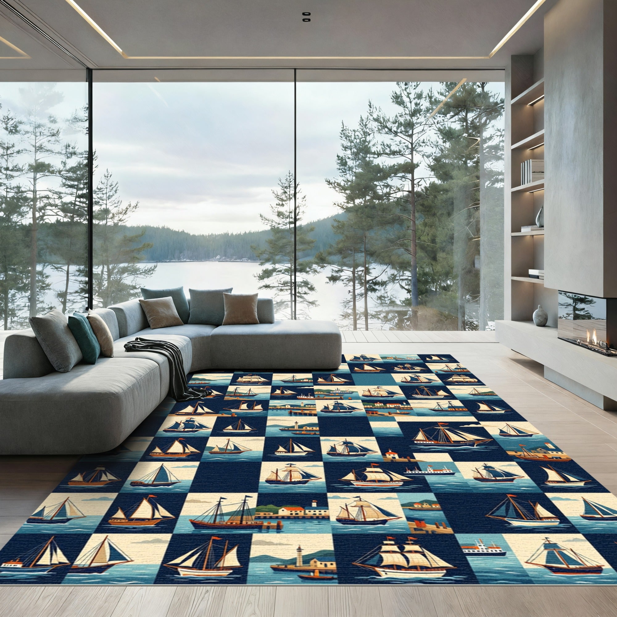 Nautical Navy Grid Sailing Ship Art Rug