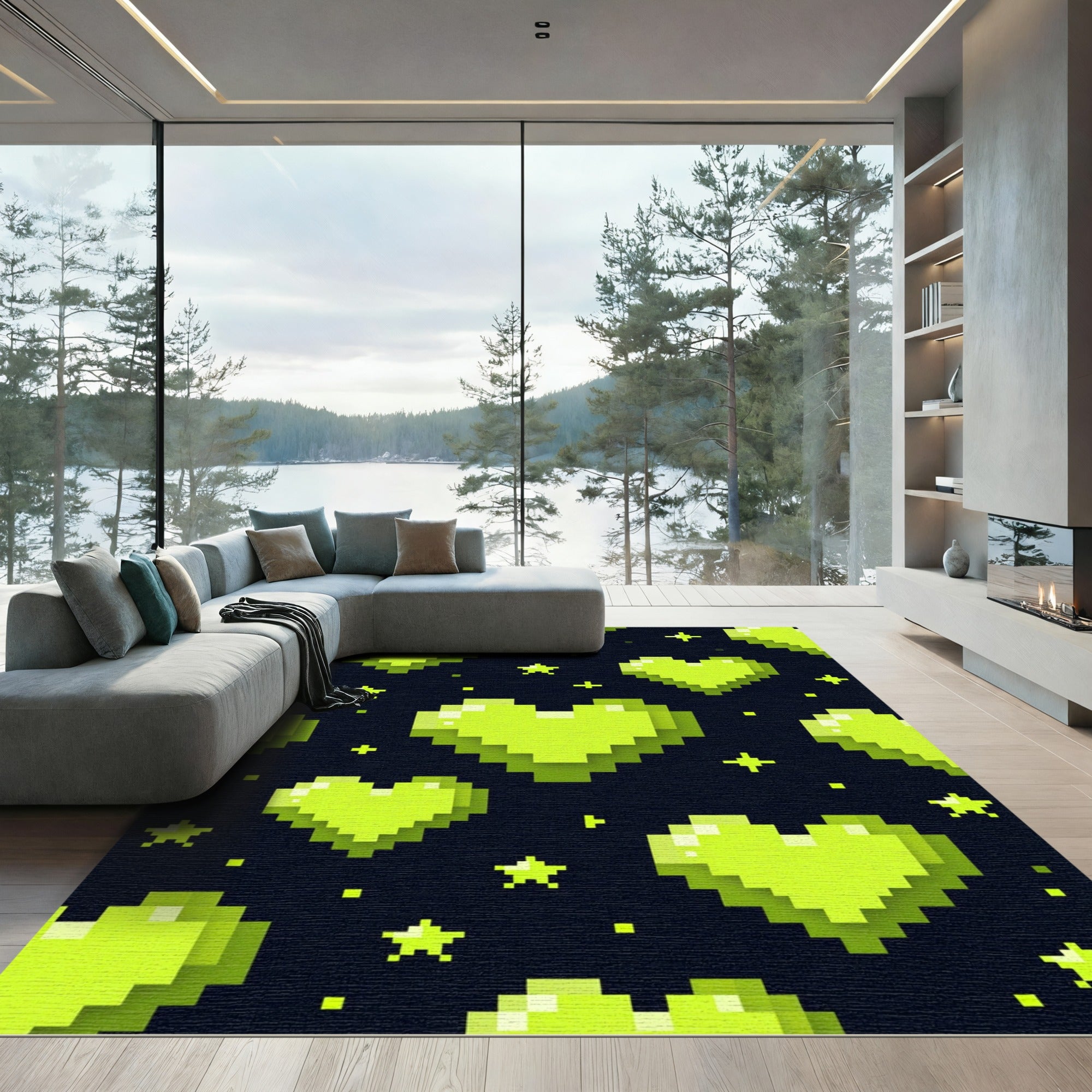 Neon Lime Pixelated Heart Constellation Rug