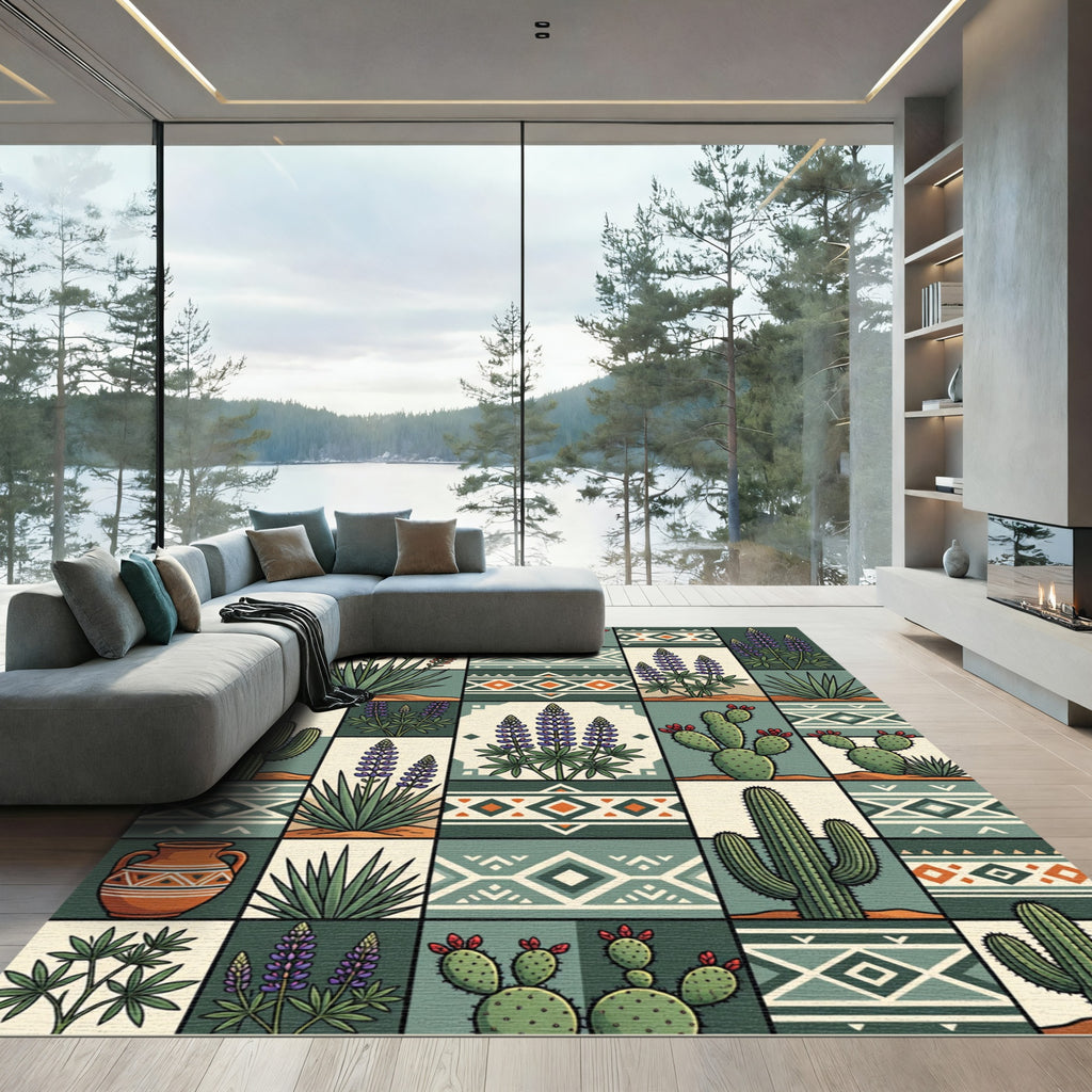 Earthy Southwestern Cactus and Lupine Grid Rug