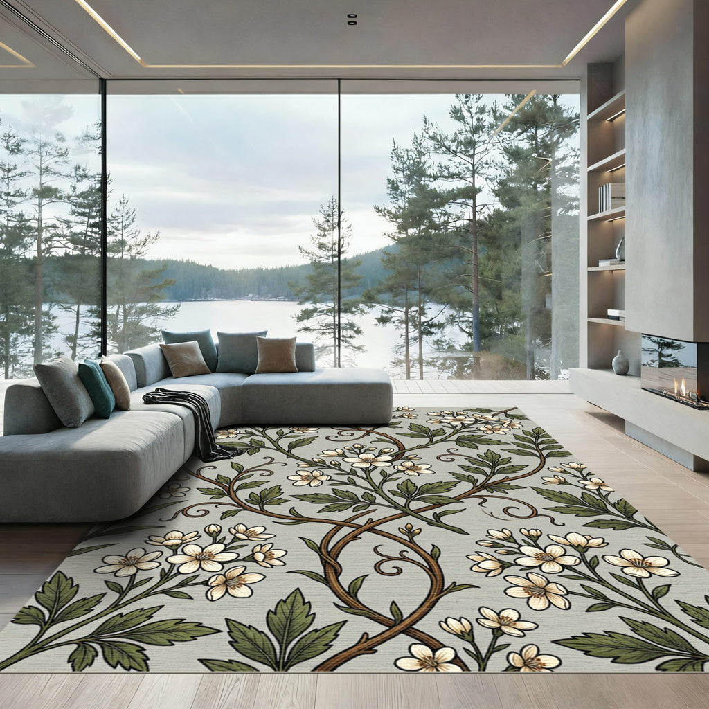 Sage Green Botanical White Blossom Vine Rug