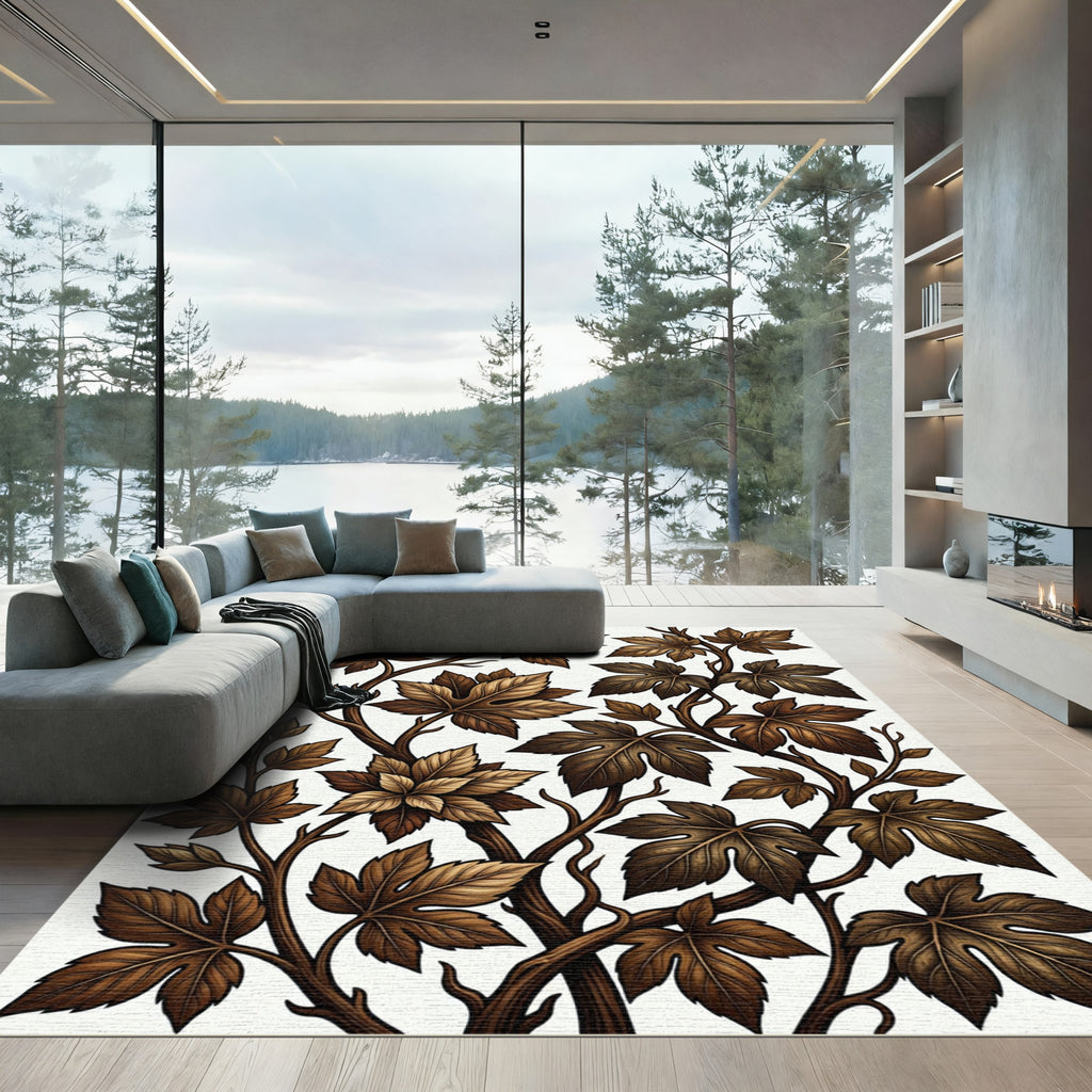 Antique Brown Leafy Vine Pattern Rug