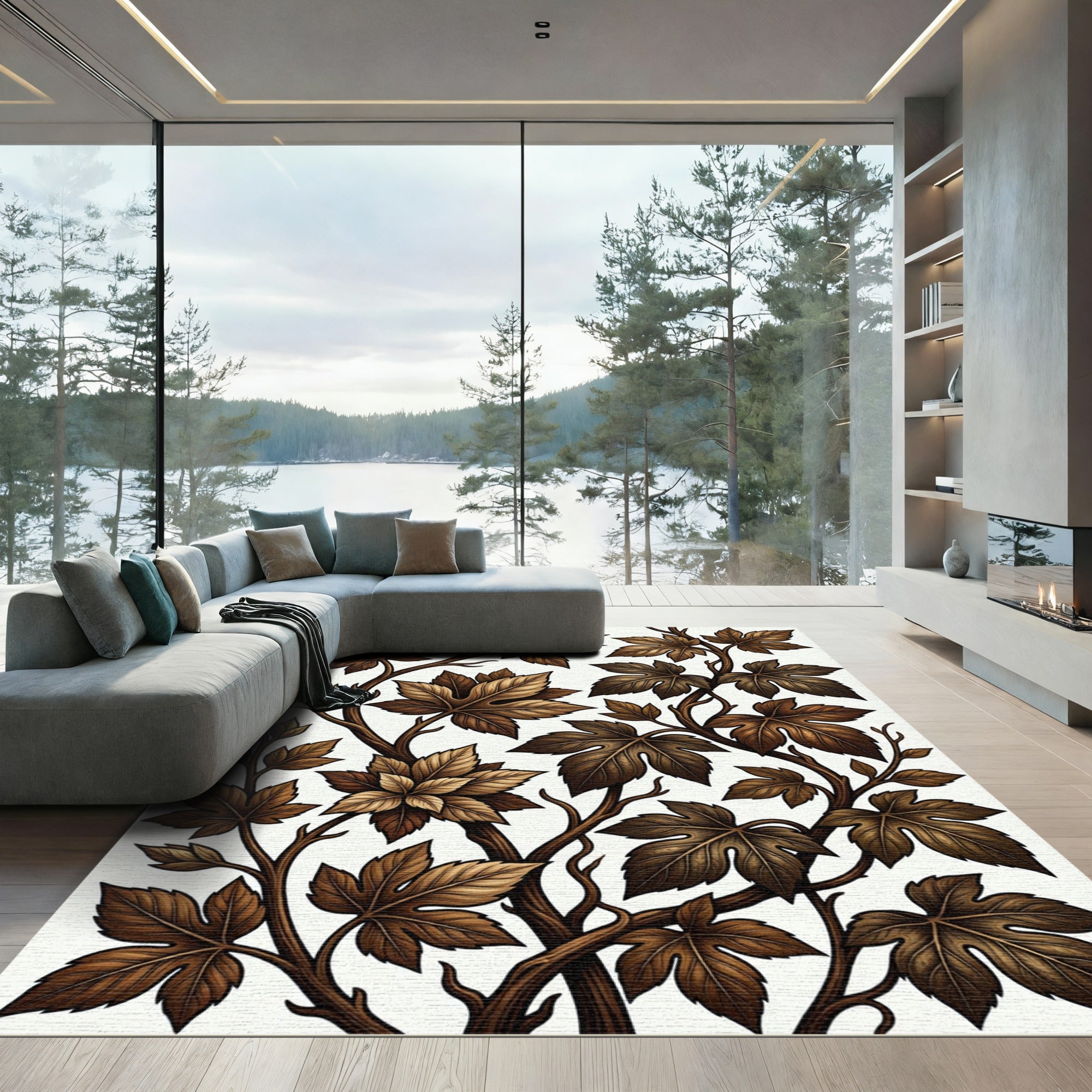 Antique Brown Leafy Vine Pattern Rug