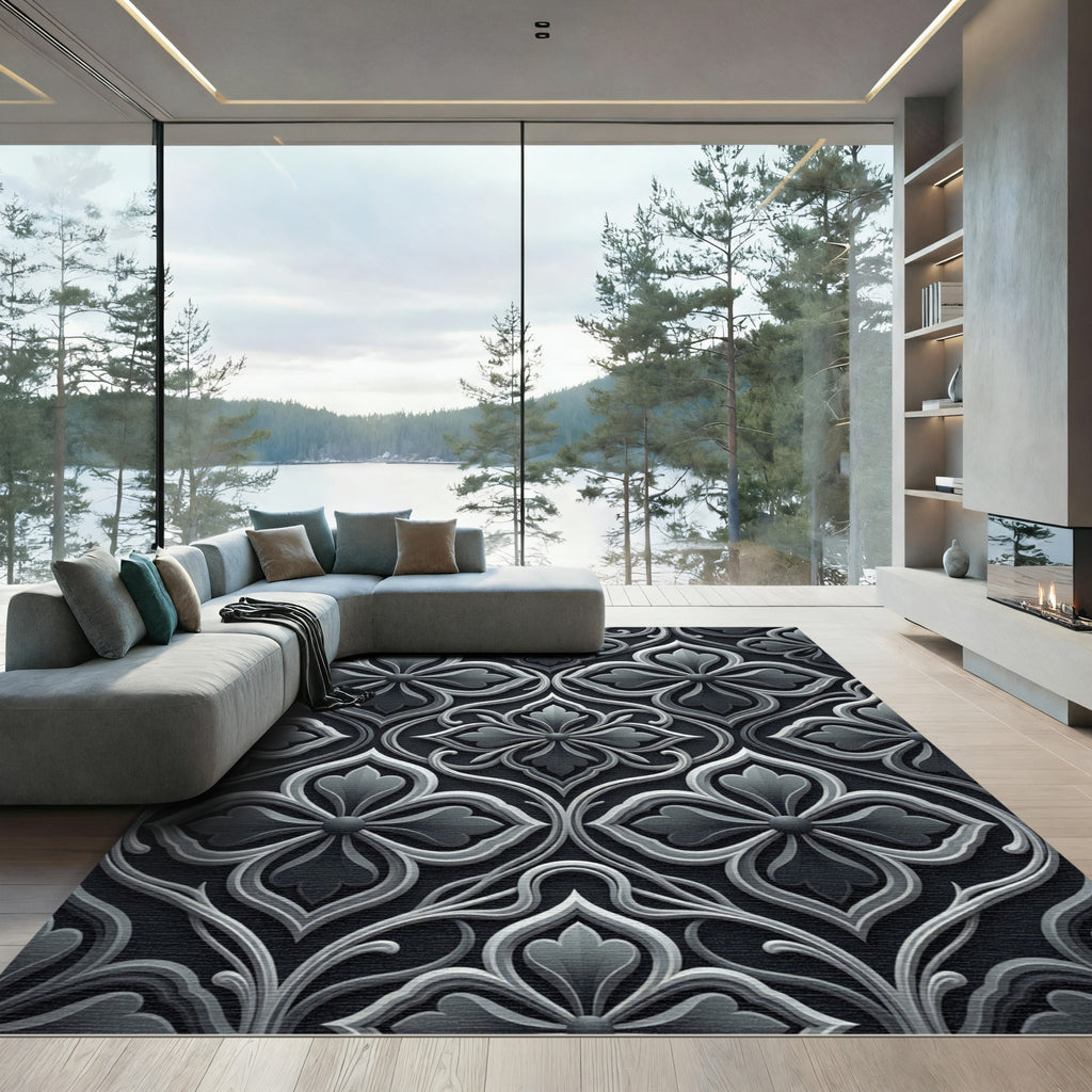 Elegant Charcoal Damask Botanical Filigree Rug