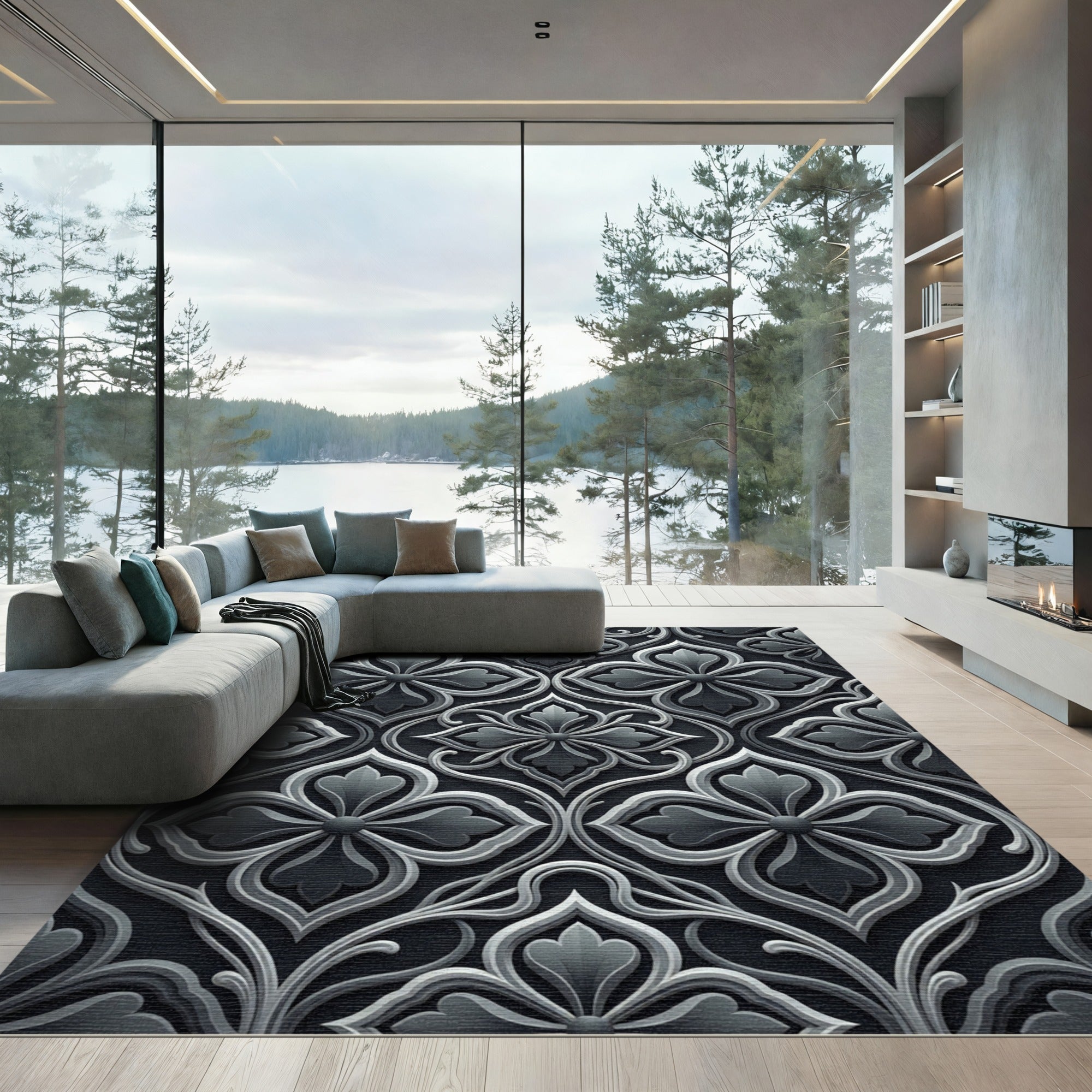 Elegant Charcoal Damask Botanical Filigree Rug