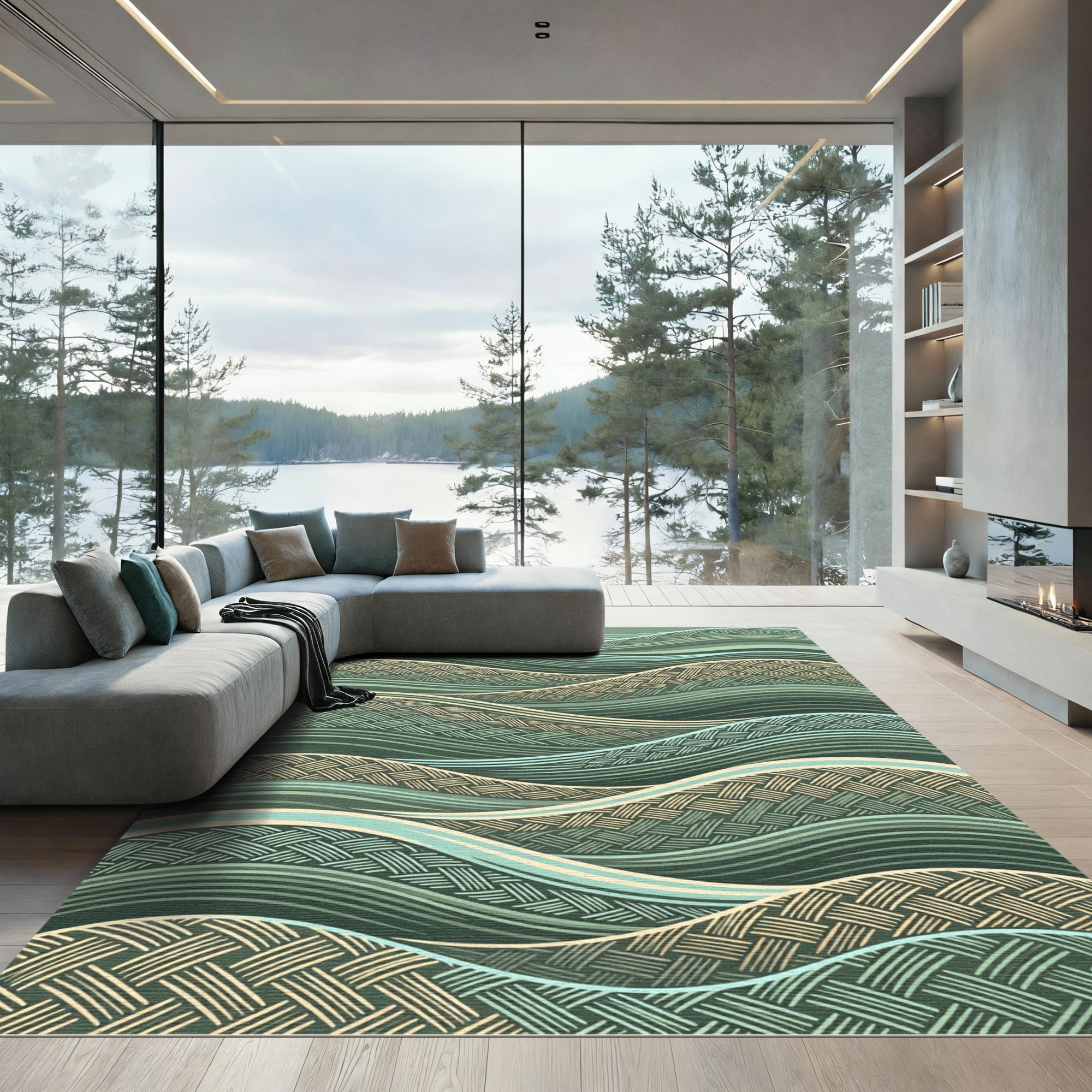 Emerald Woven Wave Layered Art Rug
