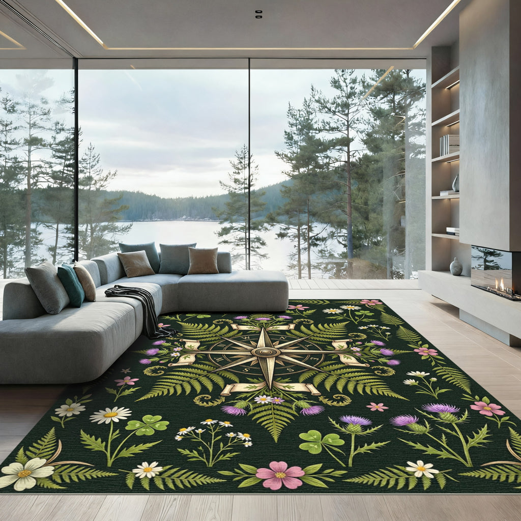 Dark Green Botanical Compass Flora Rug