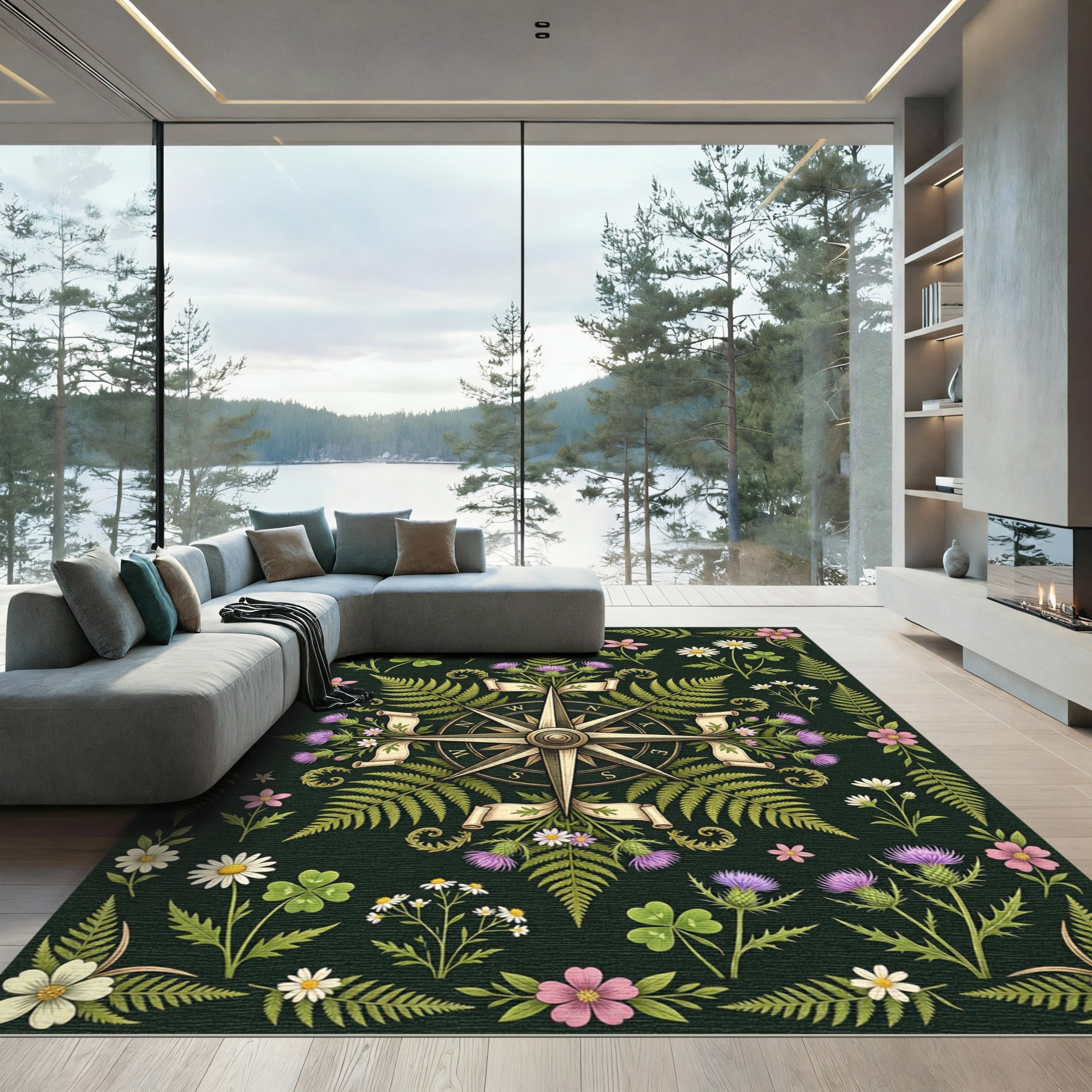 Dark Green Botanical Compass Flora Rug