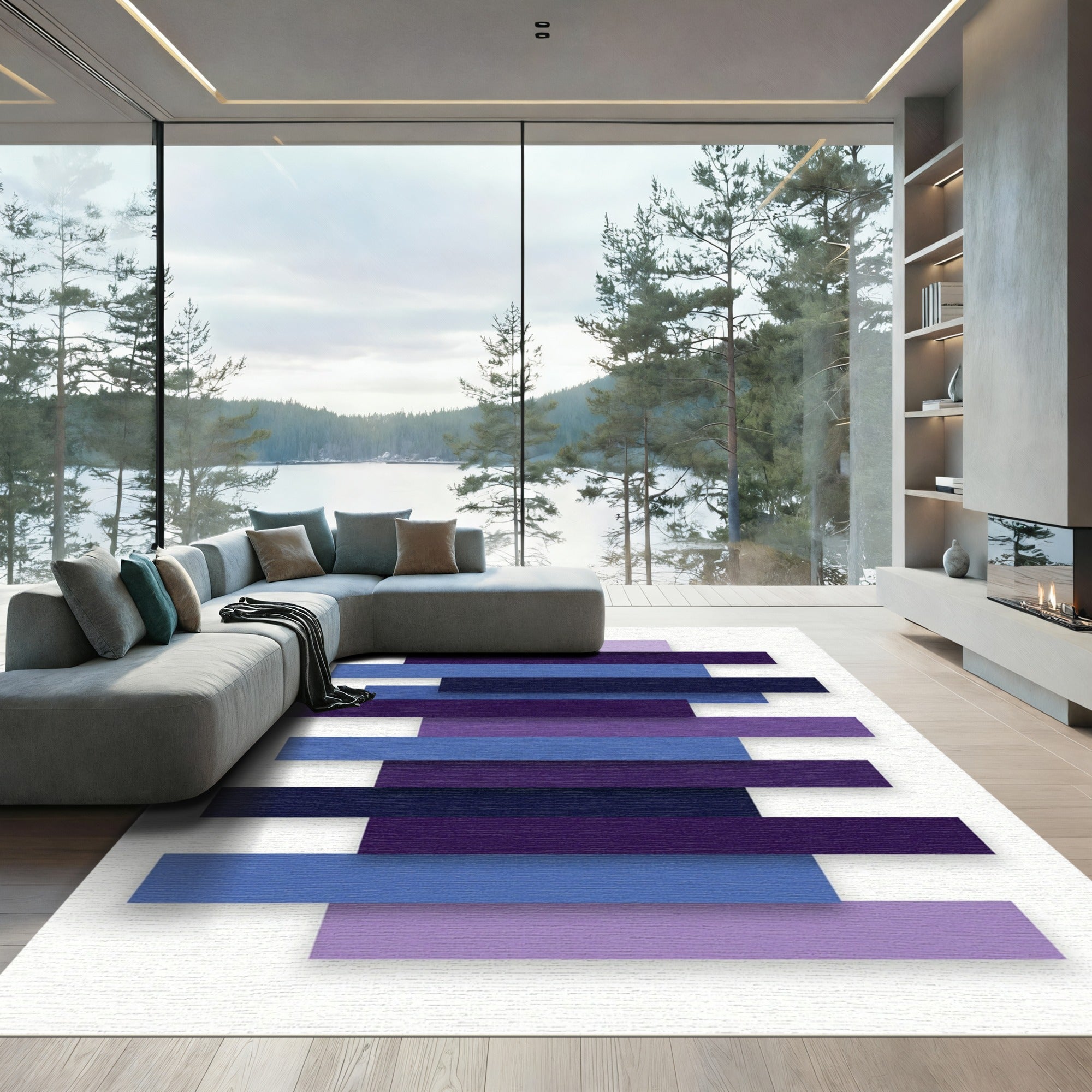 Modern Indigo and Lavender Layered Stripe Rug