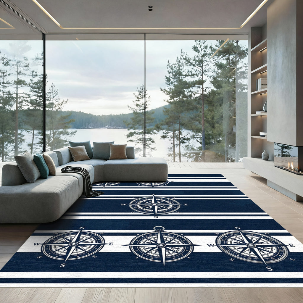Navy White Nautical Compass Striped Decor Rug