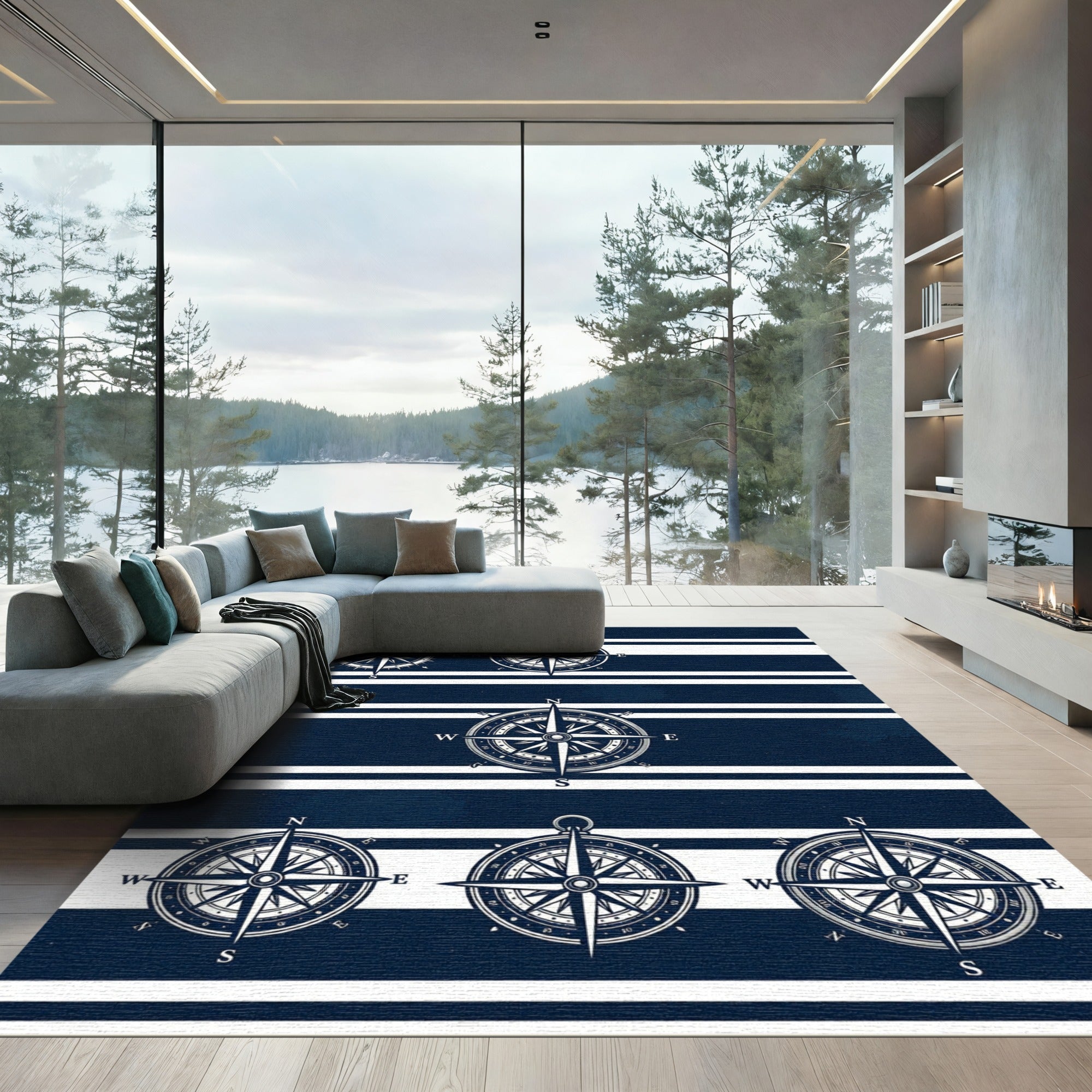 Navy White Nautical Compass Striped Decor Rug