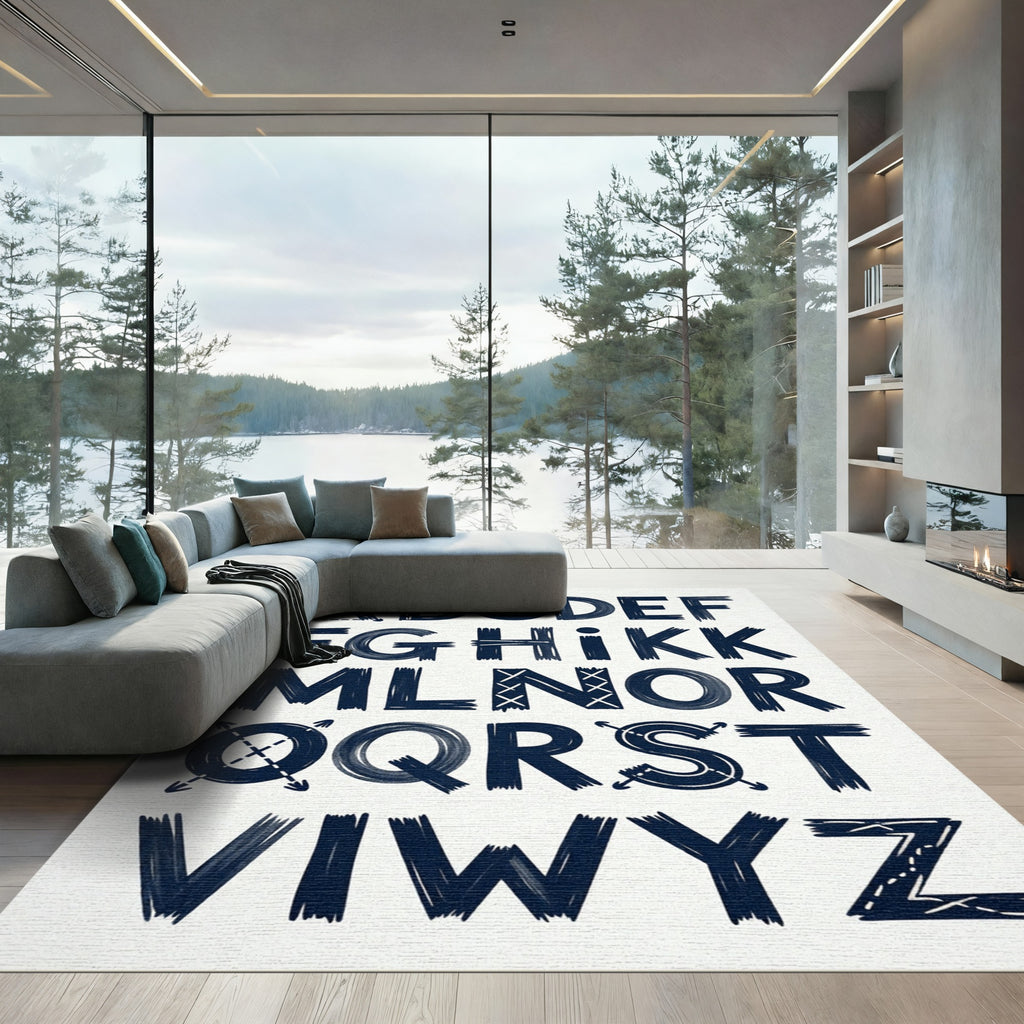 Modern Navy Alphabet Typography Wall Art Rug