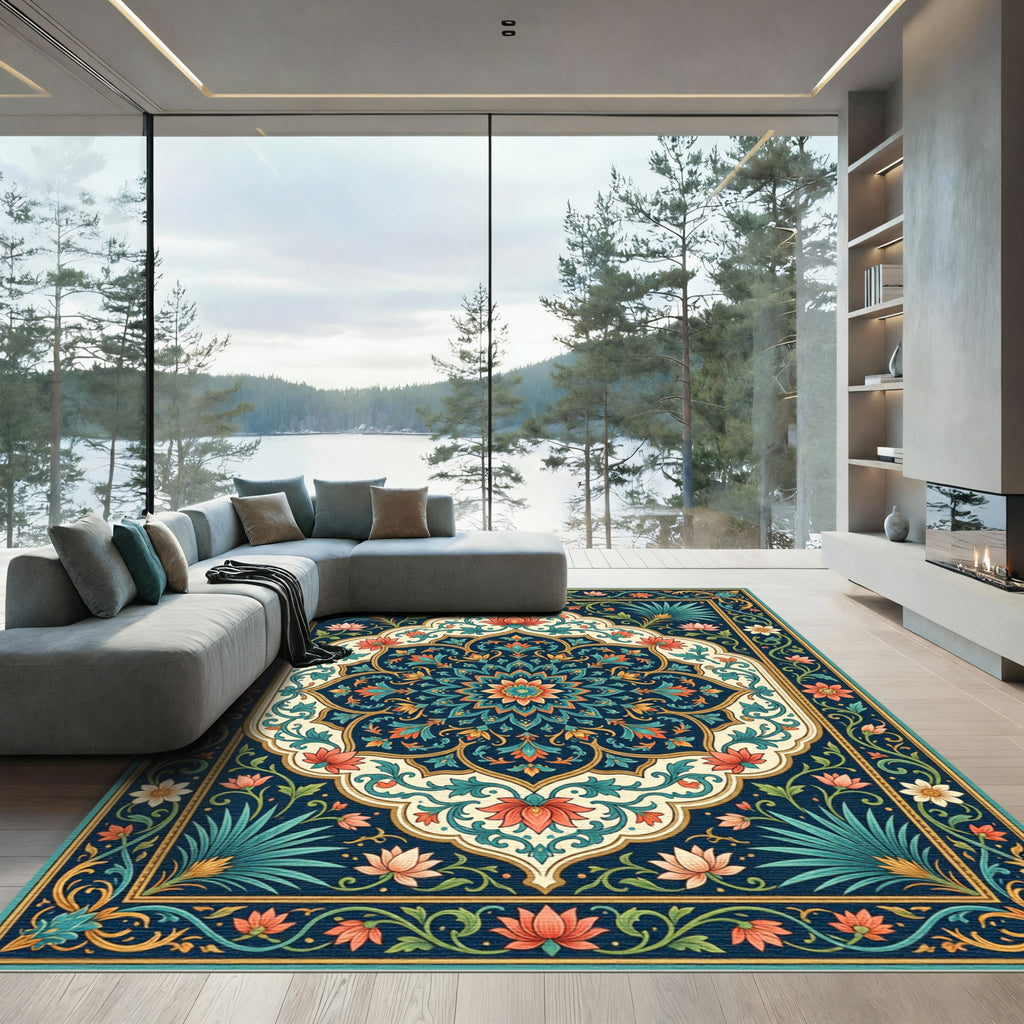 Ornate Teal Orange Floral Medallion Rug