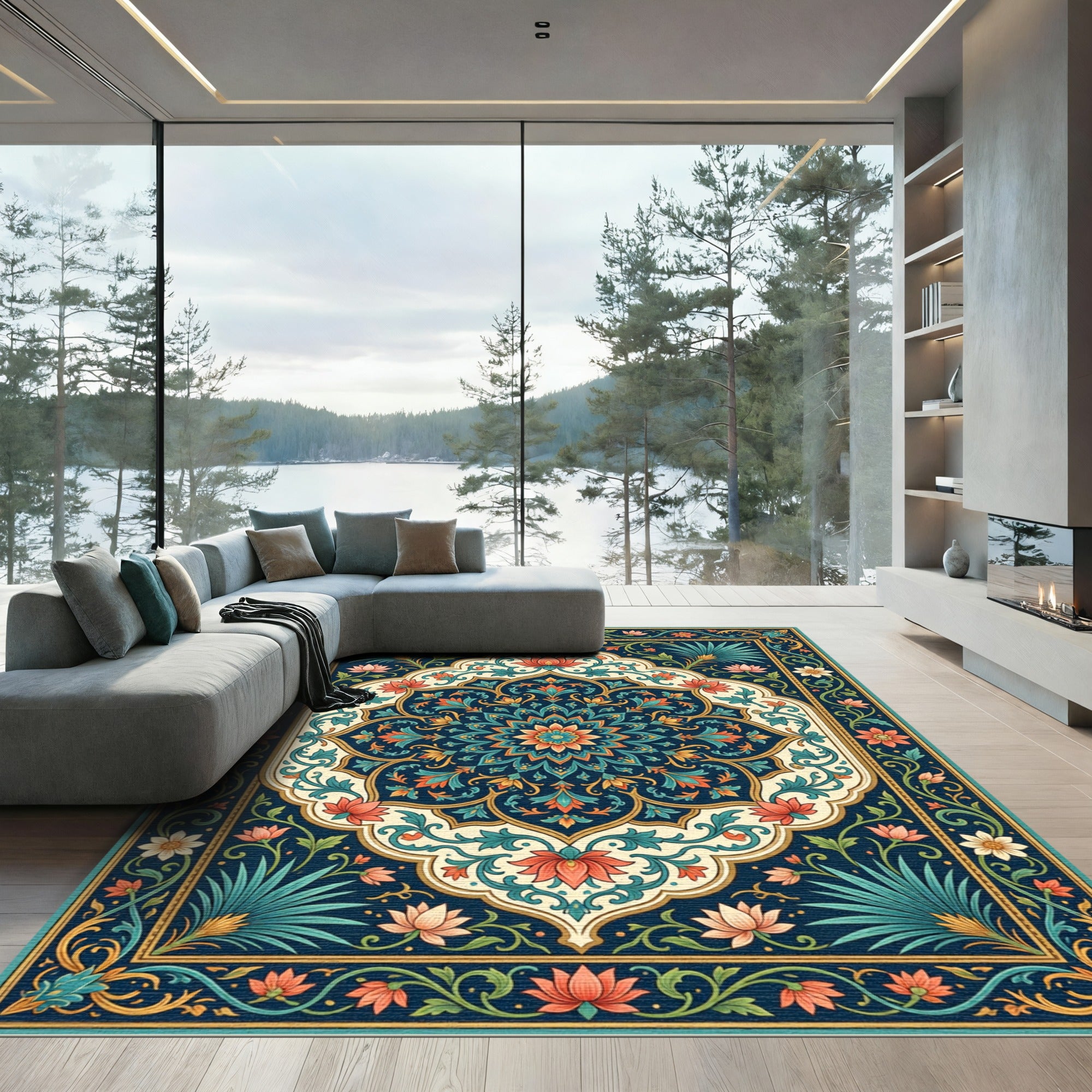Ornate Teal Orange Floral Medallion Rug