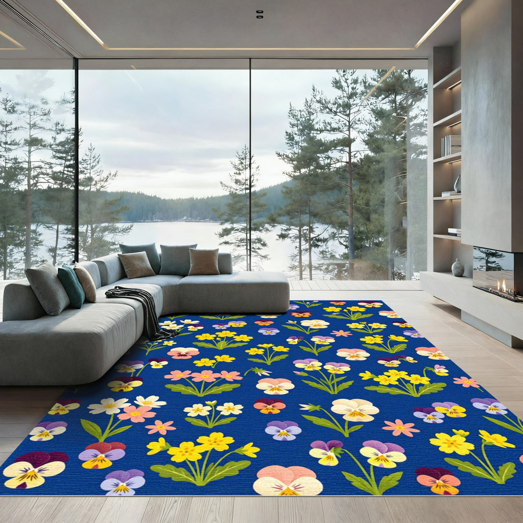 Pansy Garden Blue Floral Arrangement Rug