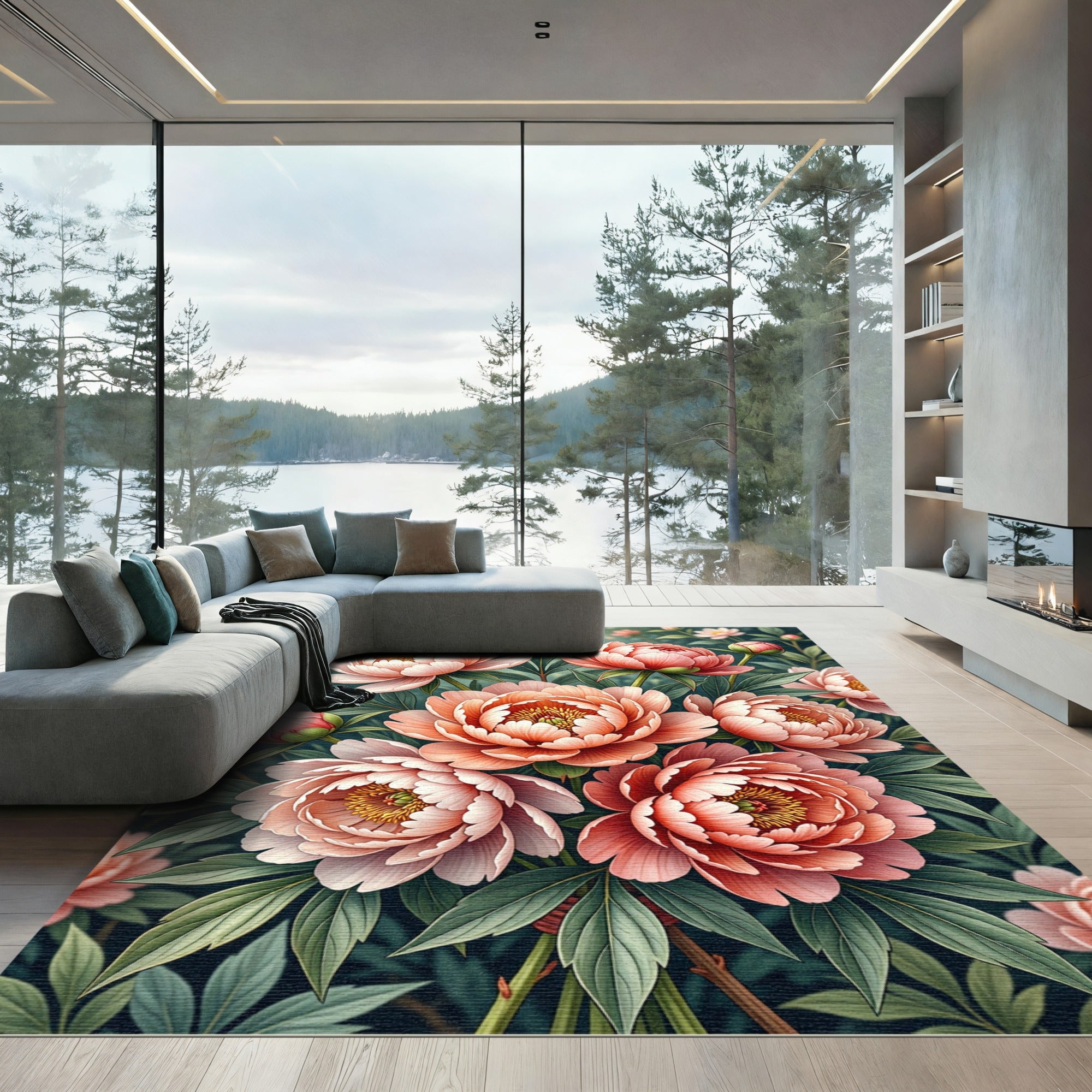Coral Pink Peony Garden Arrangement Rug