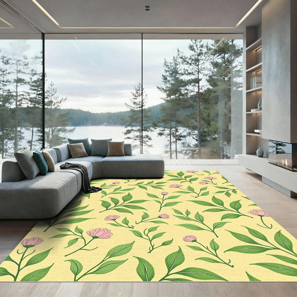 Light Yellow Pink Blossom Leafy Accents Rug