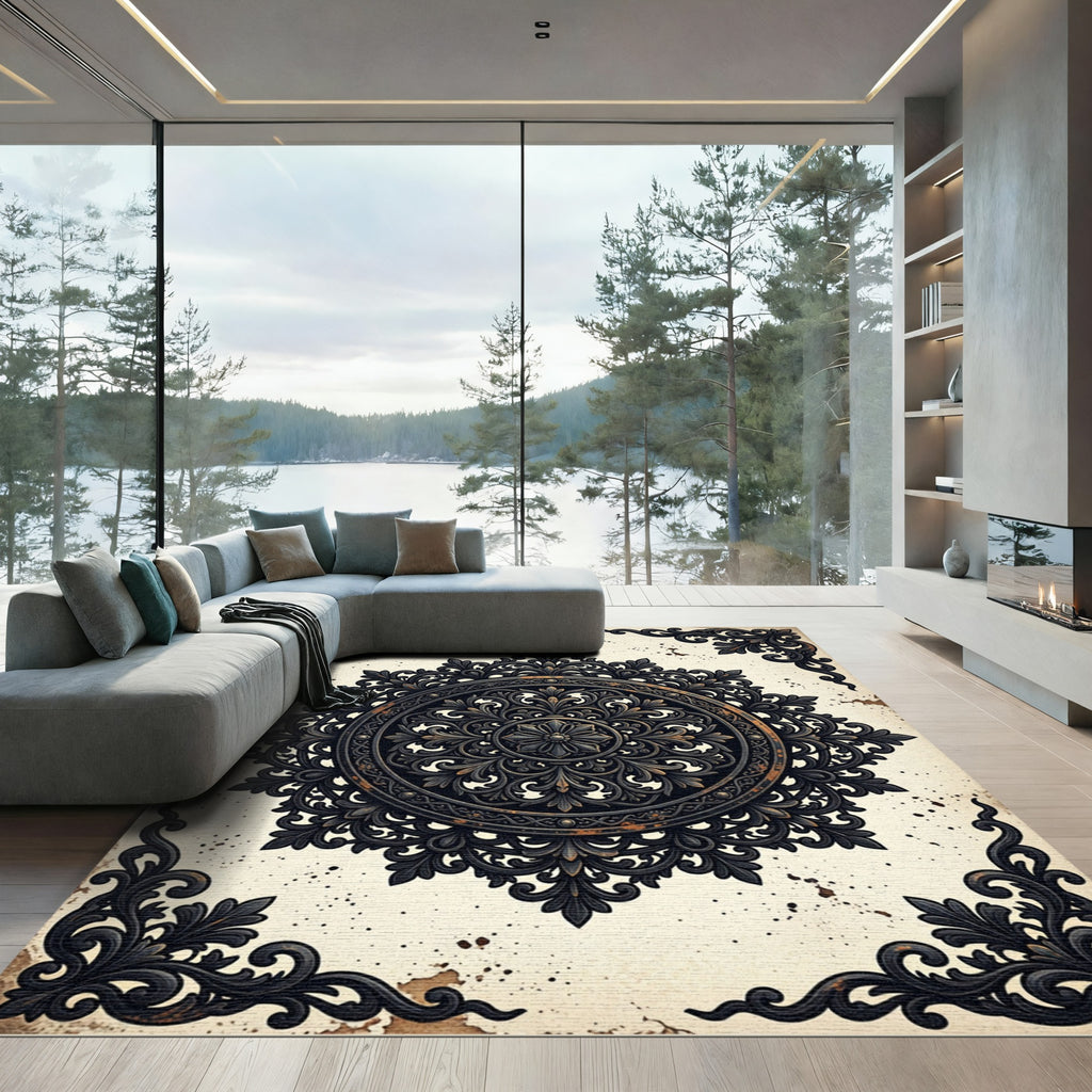 Ornate Black Scrollwork Baroque Medallion Rug