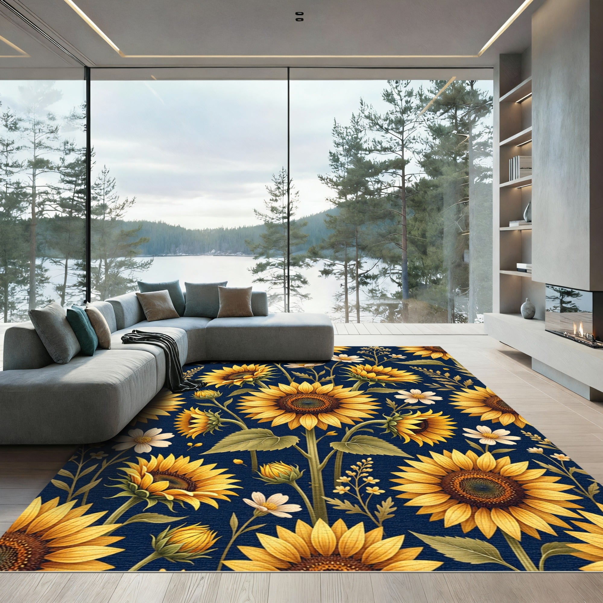 Radiant Golden Sunflower Navy Floral Rug