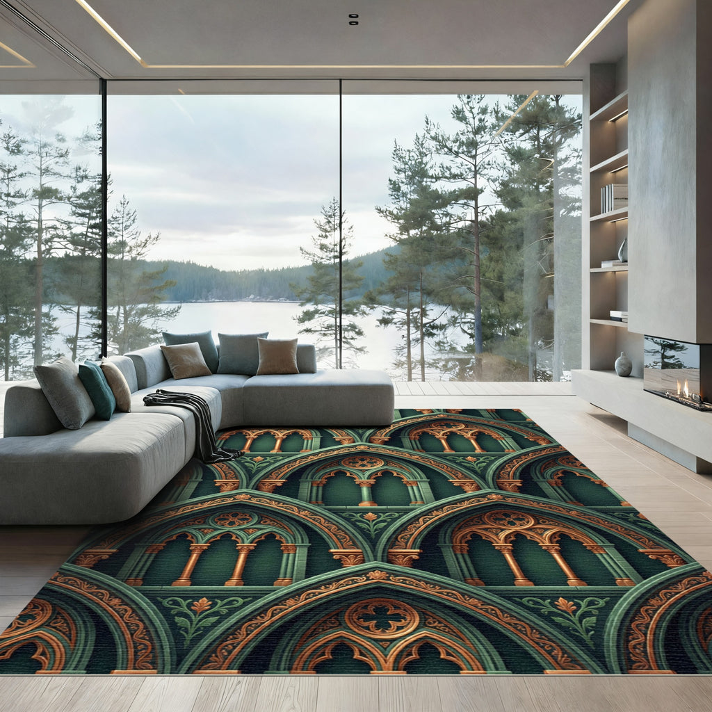 Emerald Green Gothic Arch Teal Scroll Rug