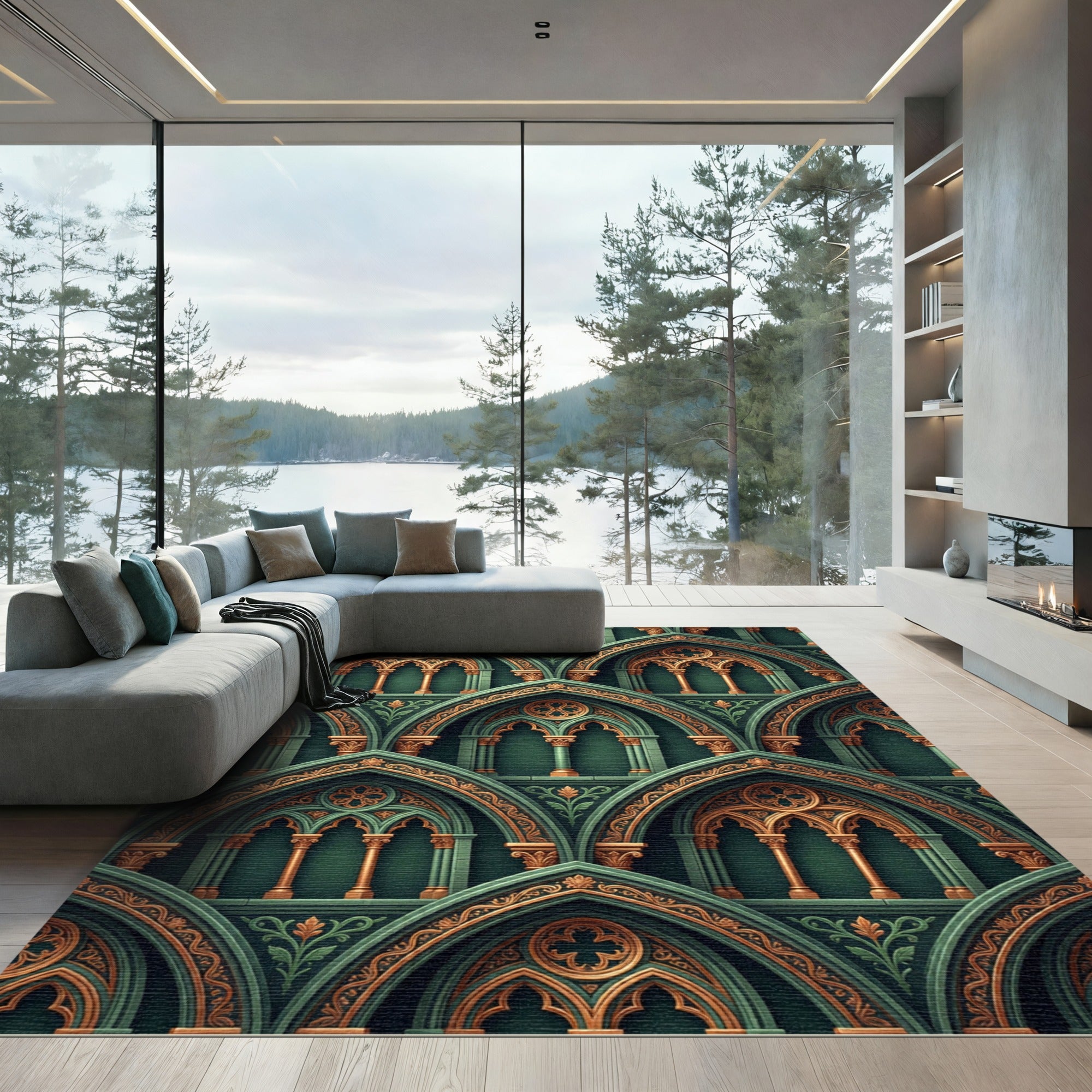 Emerald Green Gothic Arch Teal Scroll Rug