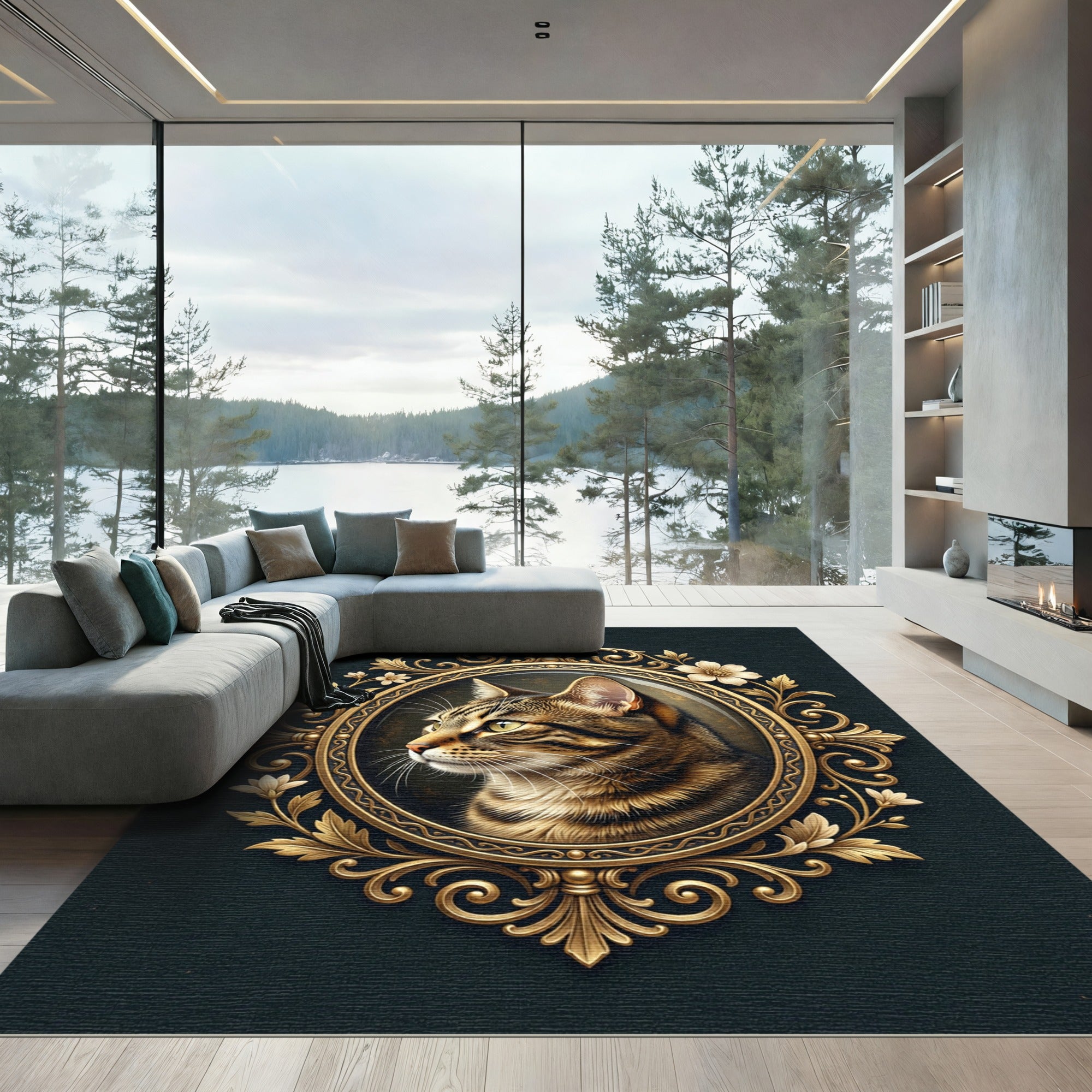 Ornate Gold Framed Tabby Cat Portrait Rug