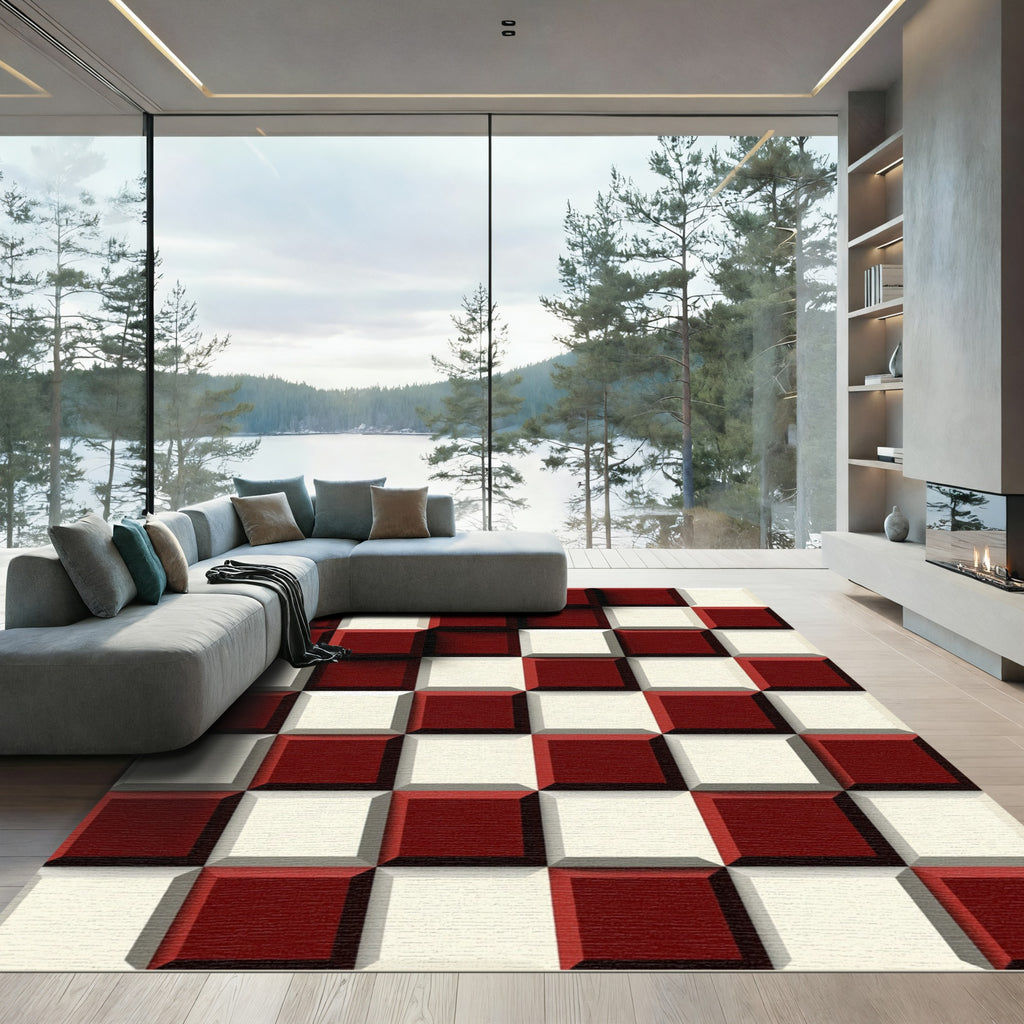 Bold Crimson and Cream Checkered Cube Rug