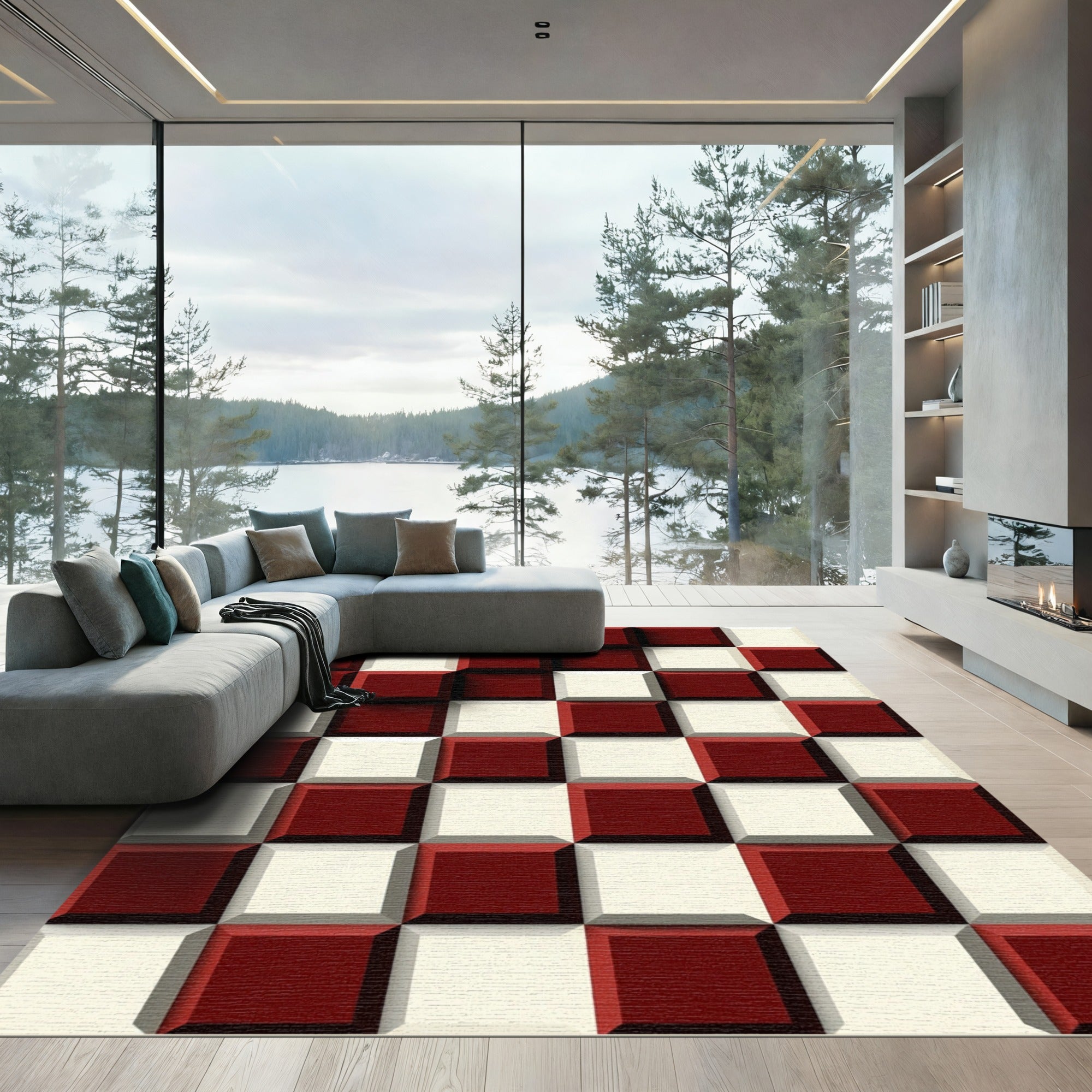 Bold Crimson and Cream Checkered Cube Rug